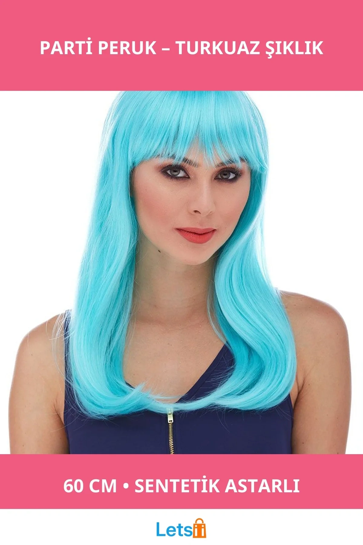 Turkuaz Mavi Yetişkin Parti Peruğu 60 cm Sentetik
