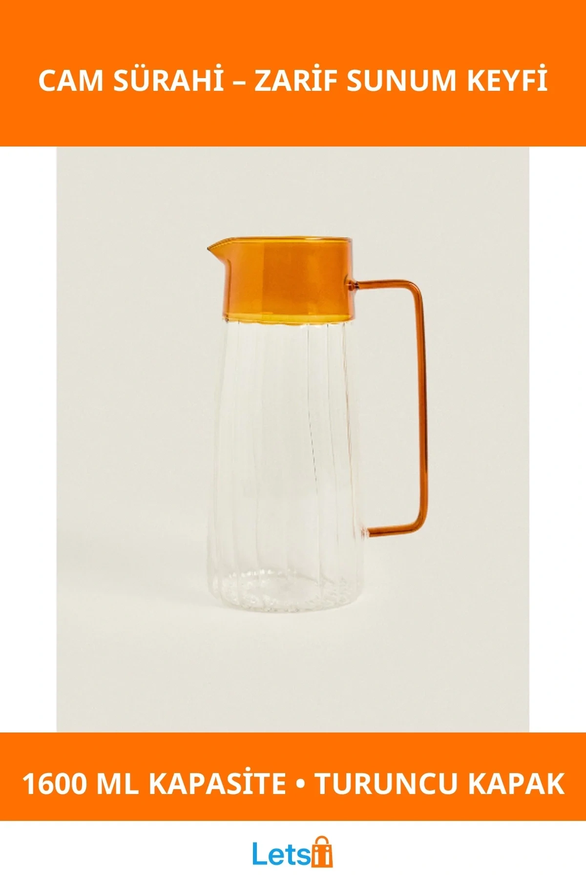 Turuncu Detaylı Şık Cam Sürahi 1600 ml