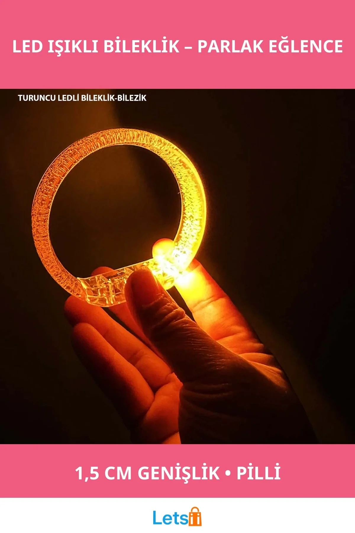 Turuncu LED Işıklı Kişiselleştirilebilir Pilli Bileklik Bilezik 1,5 cm