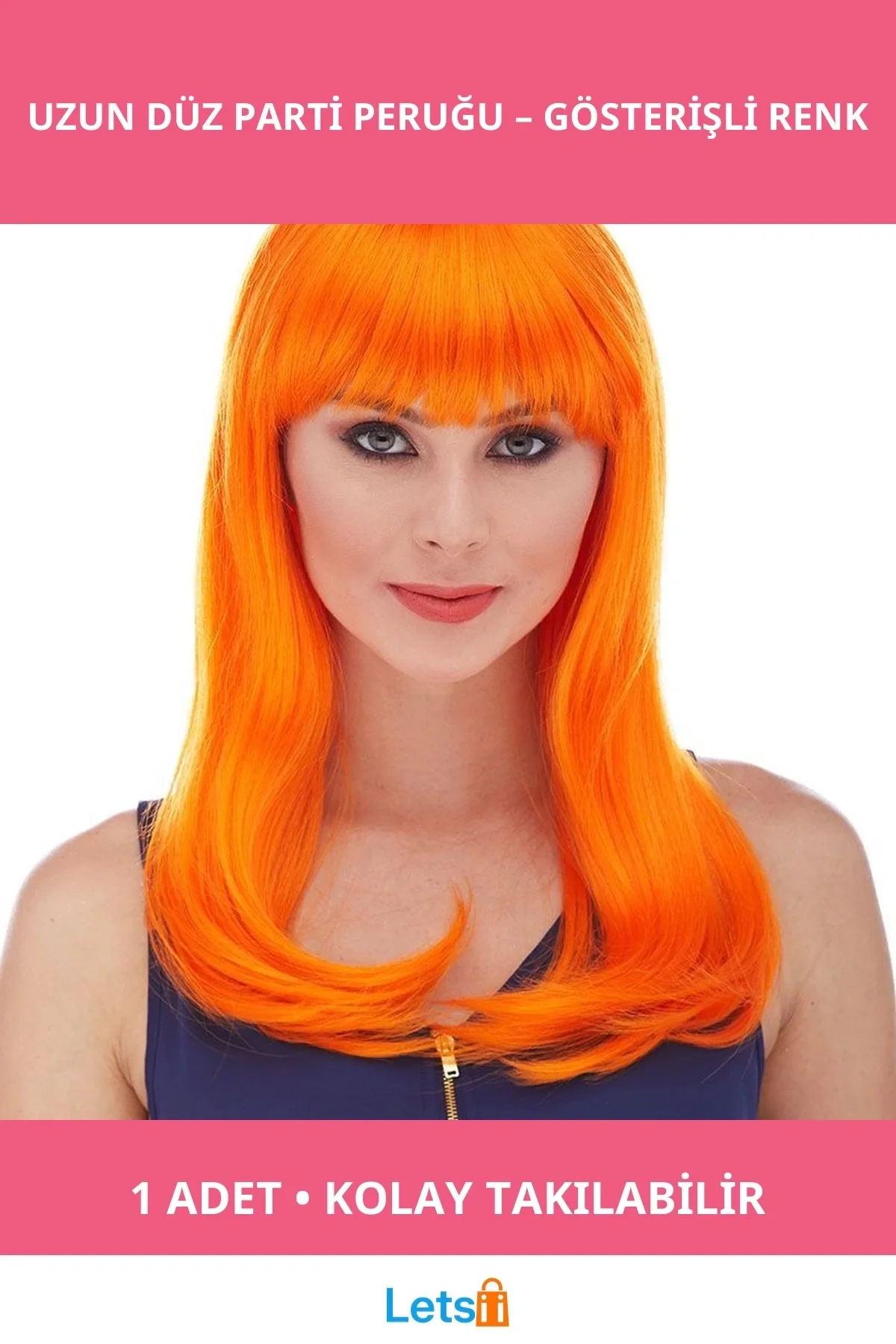 Turuncu Renk Uzun Düz Parti Peruğu Şık ve Dikkat Çekici