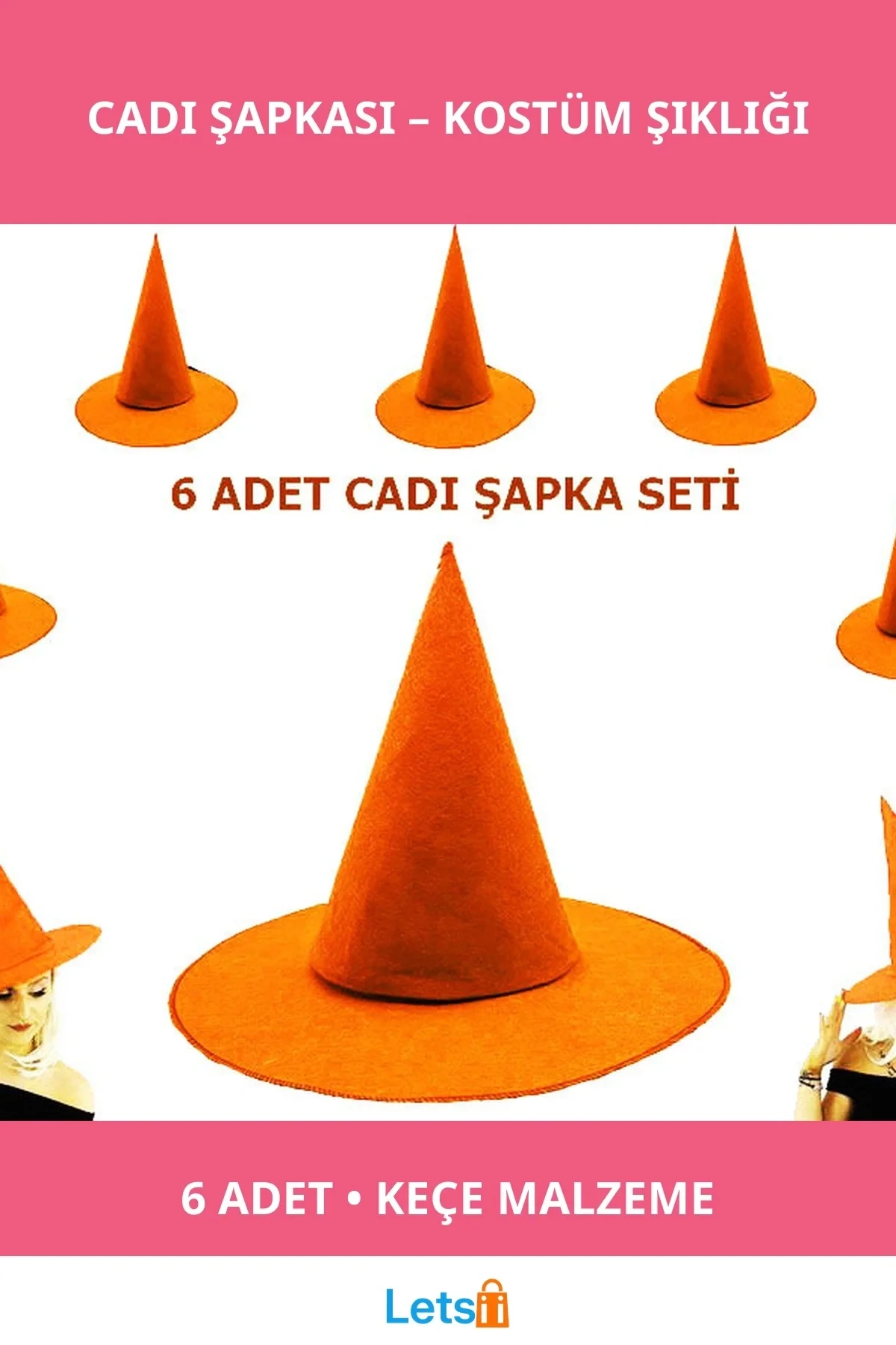Turuncu Renkli Keçe Cadı Şapkası 6 Adet