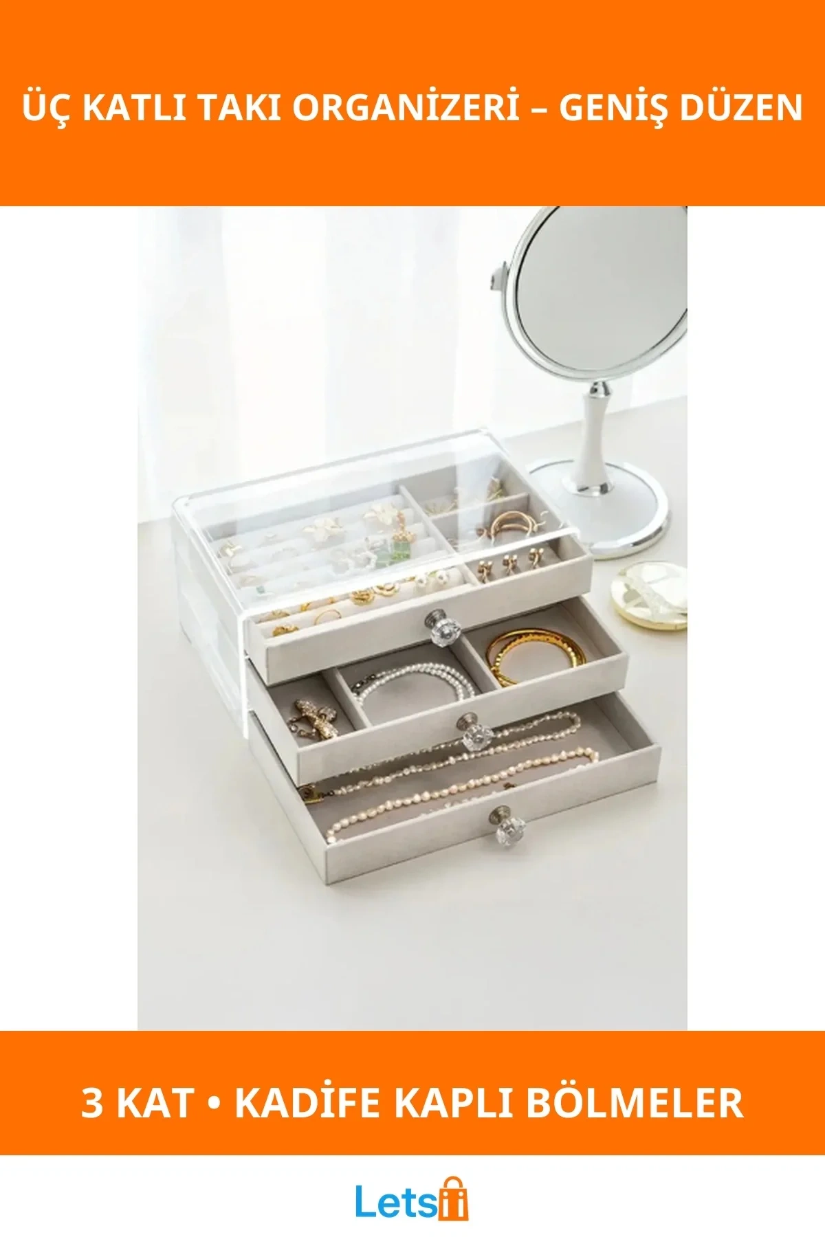 Üç Katlı Takı Organizeri Kadife Kaplama Şık Aksesuar Kutusu