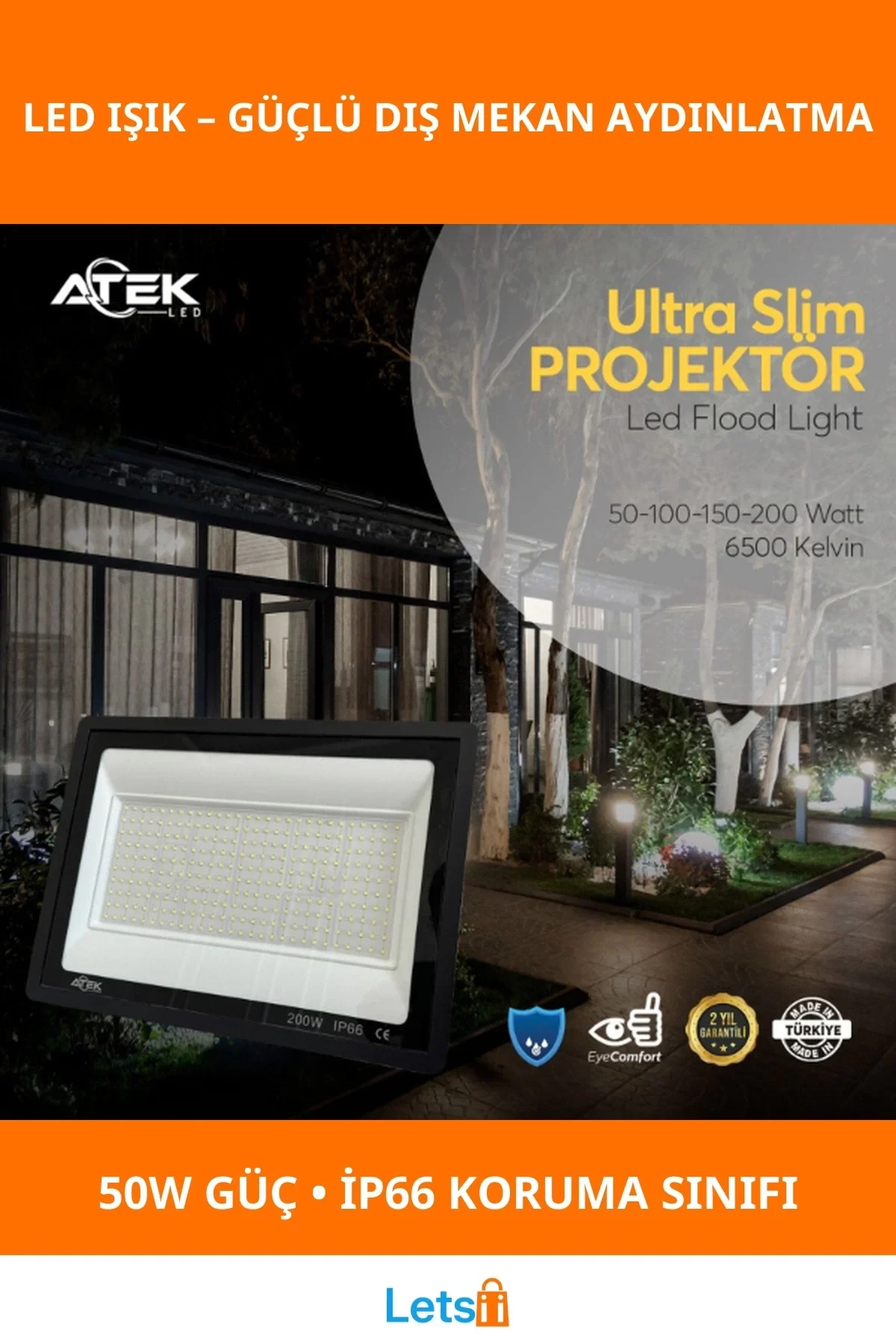 Ultra İnce 50W Dış Mekan LED Işık Su Geçirmez Projektör