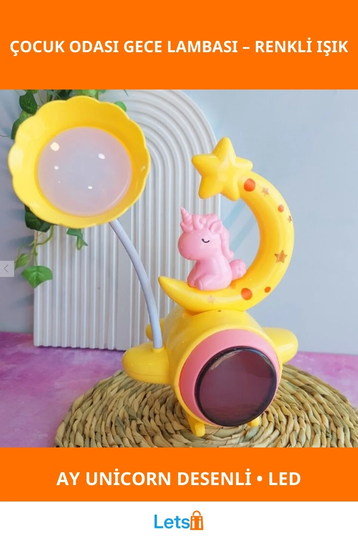 Unicorn Figürlü Ay Desenli Sarı Renkli Gece Lambası