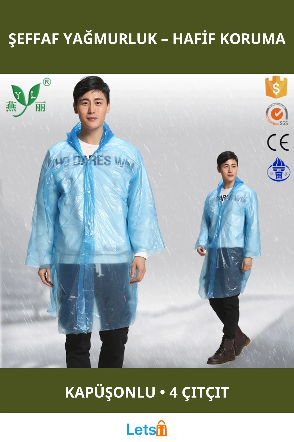 Unisex İnce Şeffaf Yağmurluk Kapüşonlu Dört Çıtçıtlı