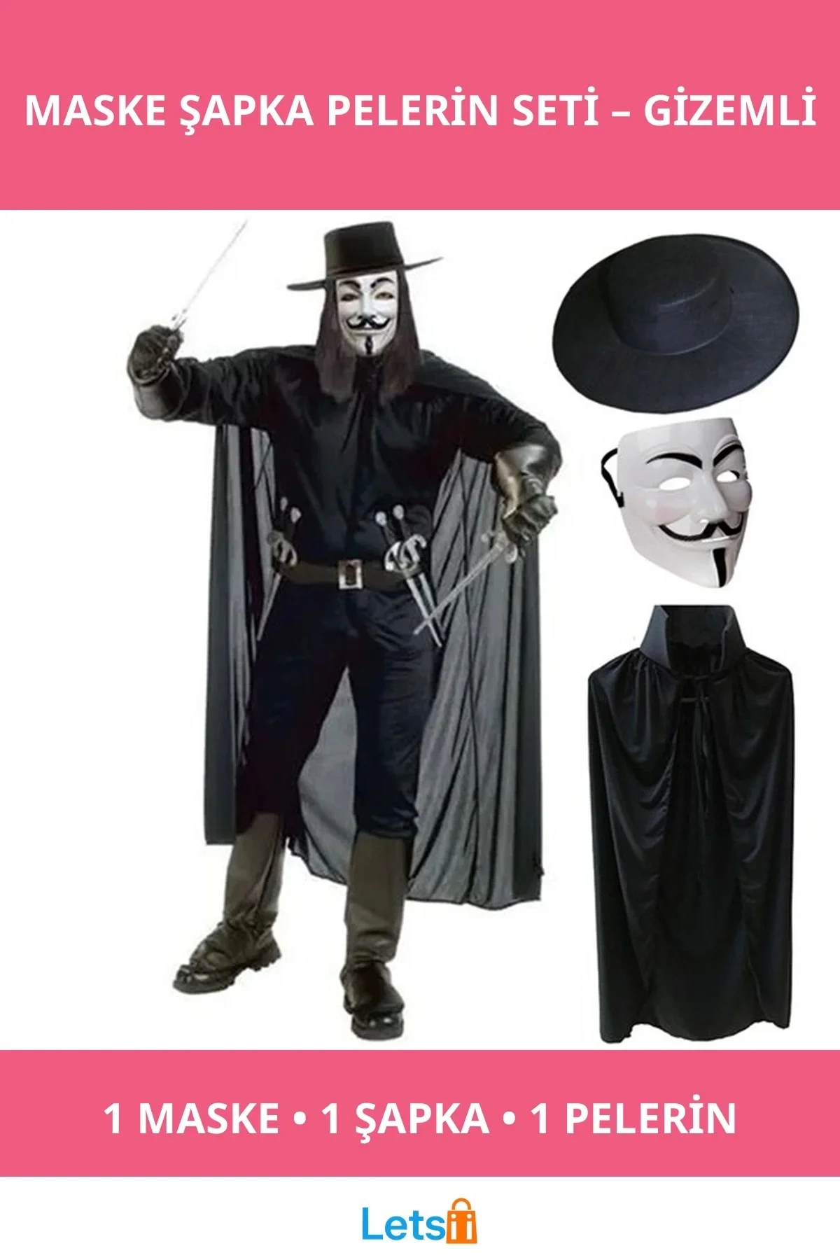 Unisex V For Vendetta Maskesi Şapka Pelerin Seti