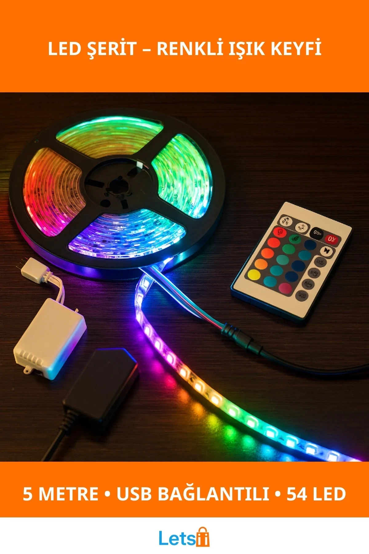 USB Bağlantılı Kumandalı 5m RGB 54 LED Aydınlatma Şeridi