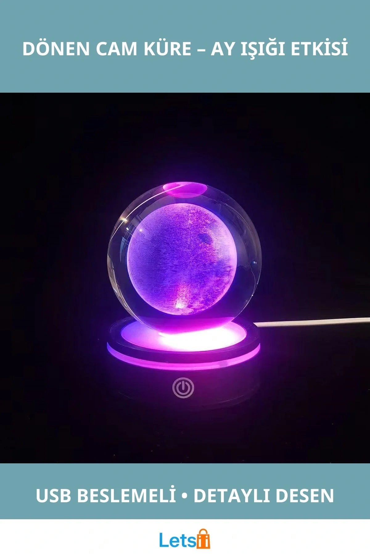 USBli Dolunay Tasarımlı Dönen Cam Küre 8 cm