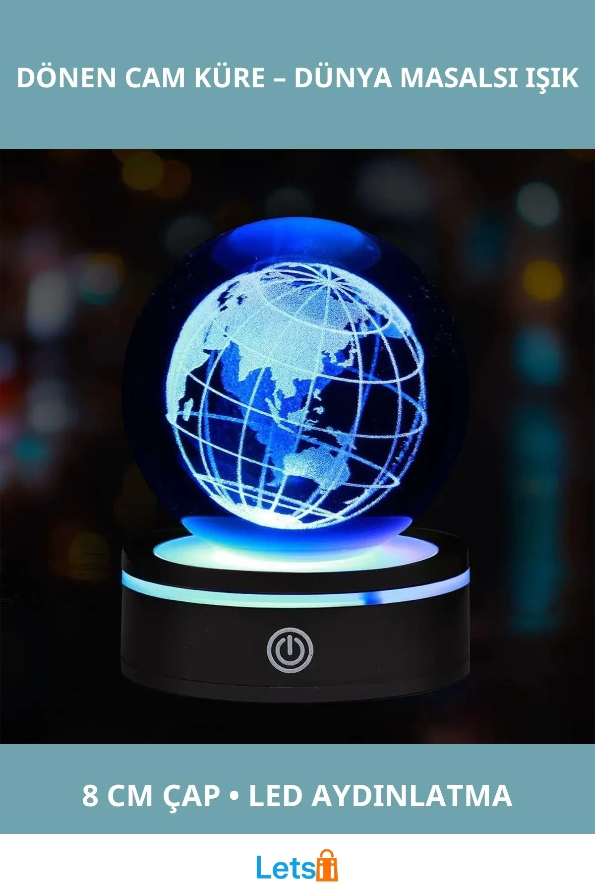 USBli Dünya Tasarımlı Dönen Cam Küre 8 cm LED Aydınlatmalı Masa Aksesuarı