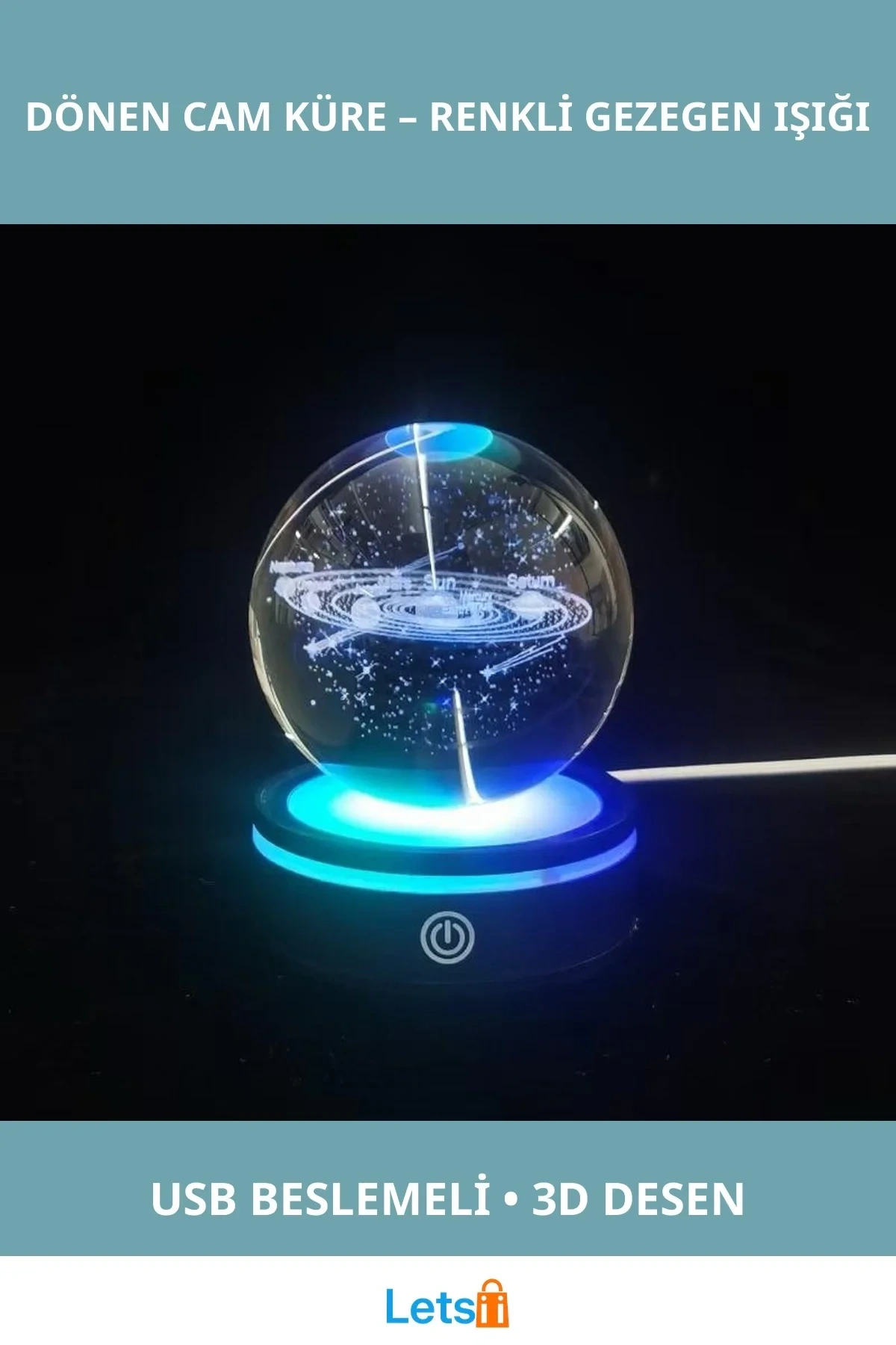 USBli Renkli Aydınlatmalı Gezegenler Tasarımlı Dönen Cam Küre