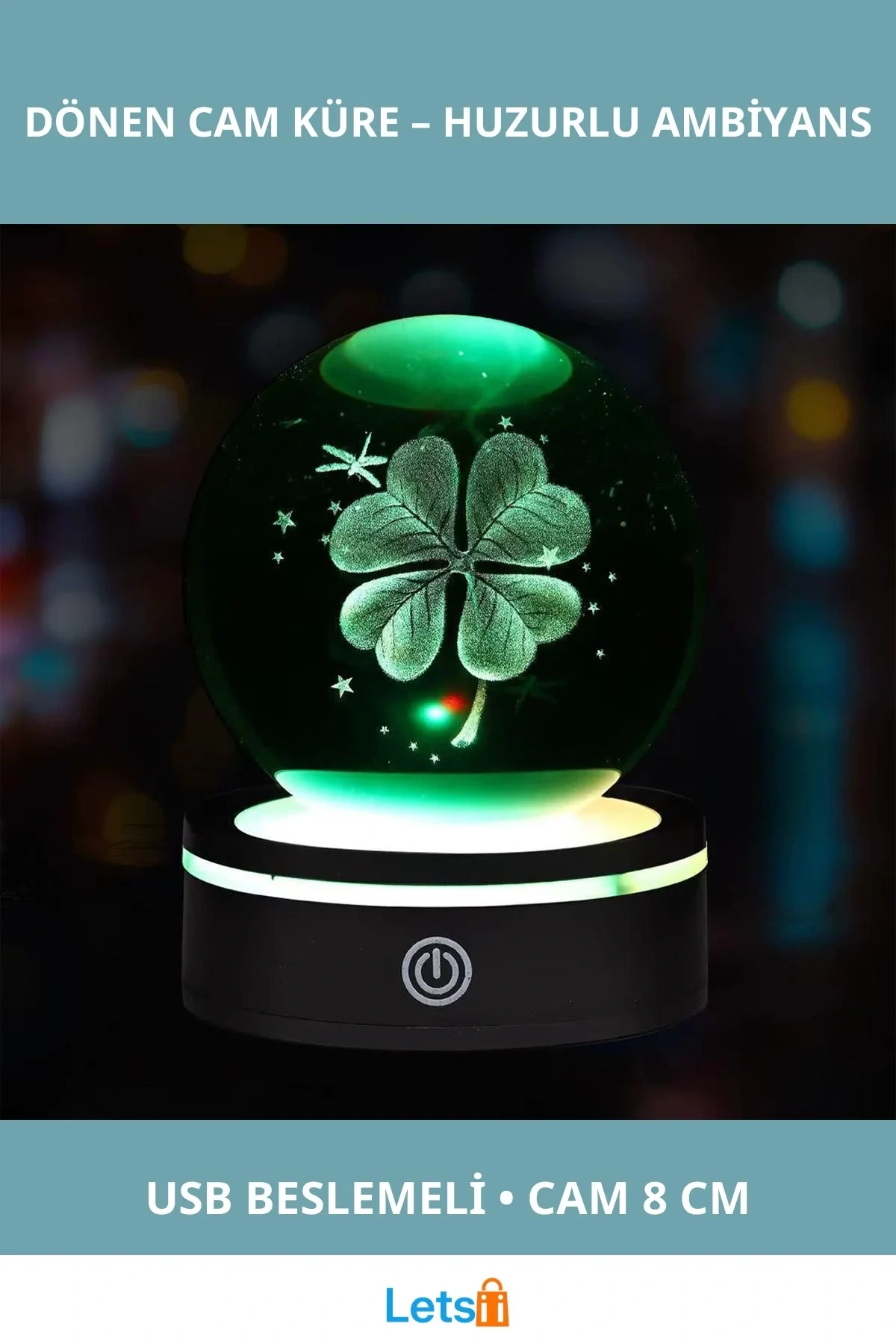 USBli Yonca Tasarımlı Dönen Cam Küre 8 cm Dekoratif Aksesuar