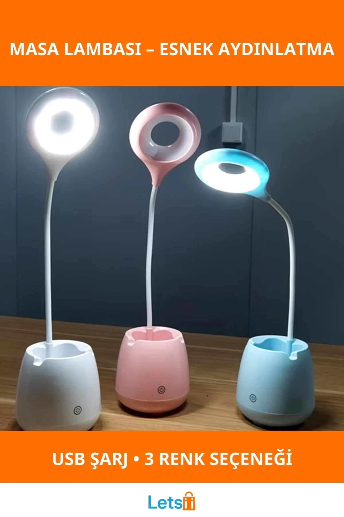 USB Şarjlı Dokunmatik Halka LED Masa Lambası Esnek Boyun ve Saklama Haznesi