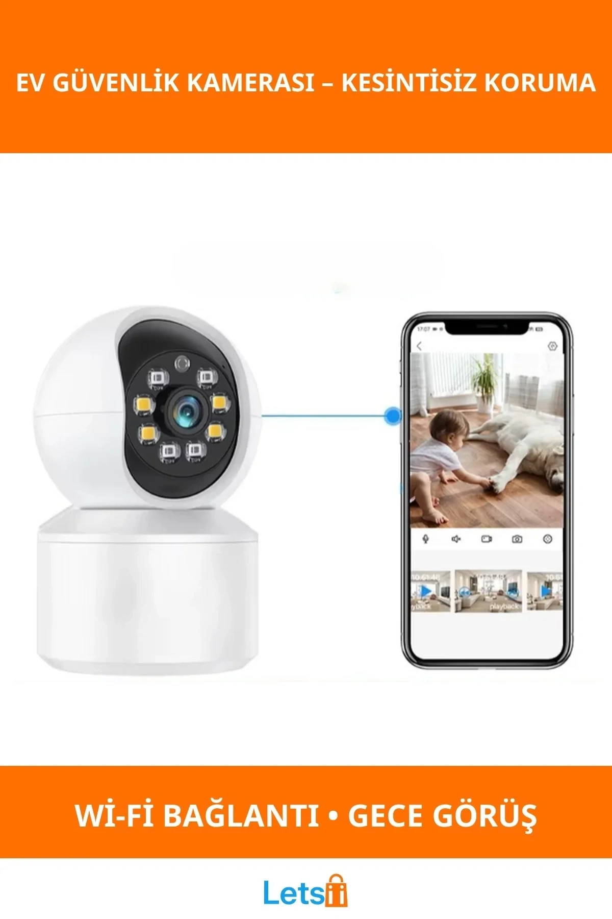 Uygulama Destekli Wi Fi Ev Güvenlik Kamerası HD Gece Görüşlü 360 Derece Panoramik