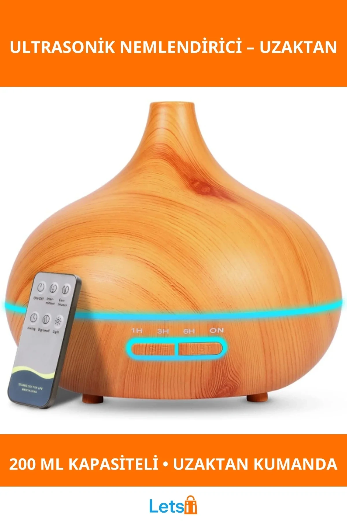 Uzaktan Kumandalı Ultrasonik Ahşap Desenli Hava Nemlendirici Cihaz