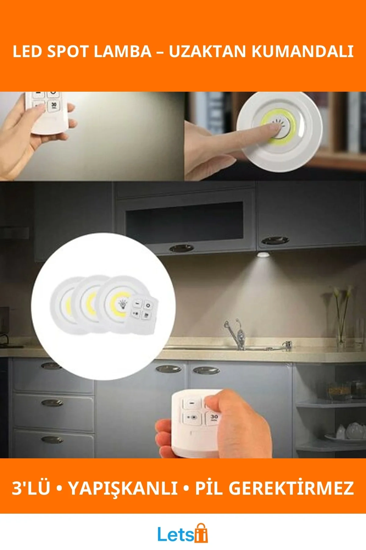 Uzaktan Kumandalı Yapışkanlı 3 Adet LED Spot Lamba