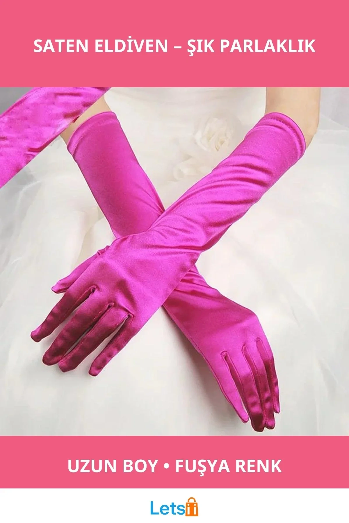 Uzun Boy Ekstra Parlak Fuşya Renk Saten Eldiven