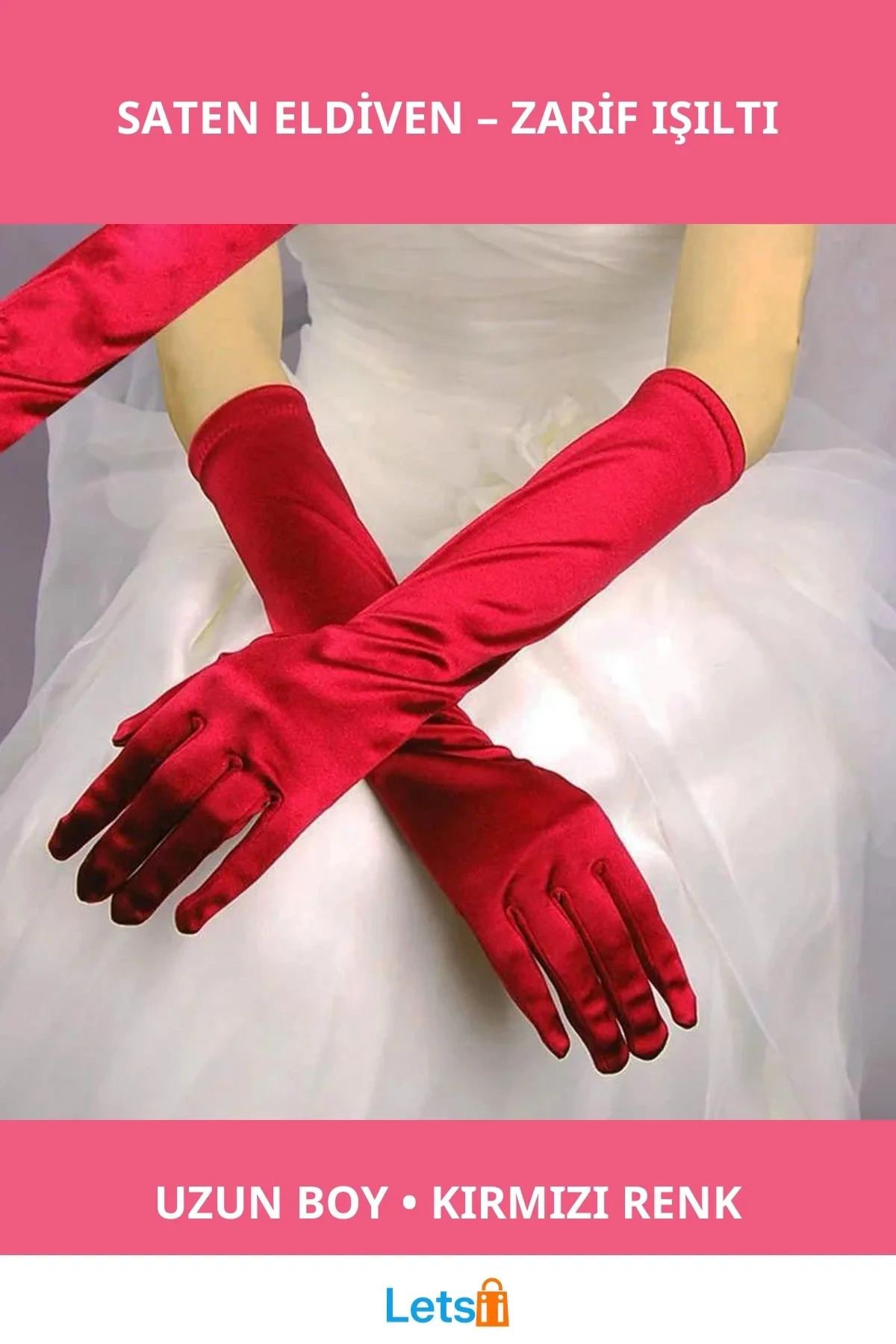 Uzun Boy Ekstra Parlak Kırmızı Saten Eldiven