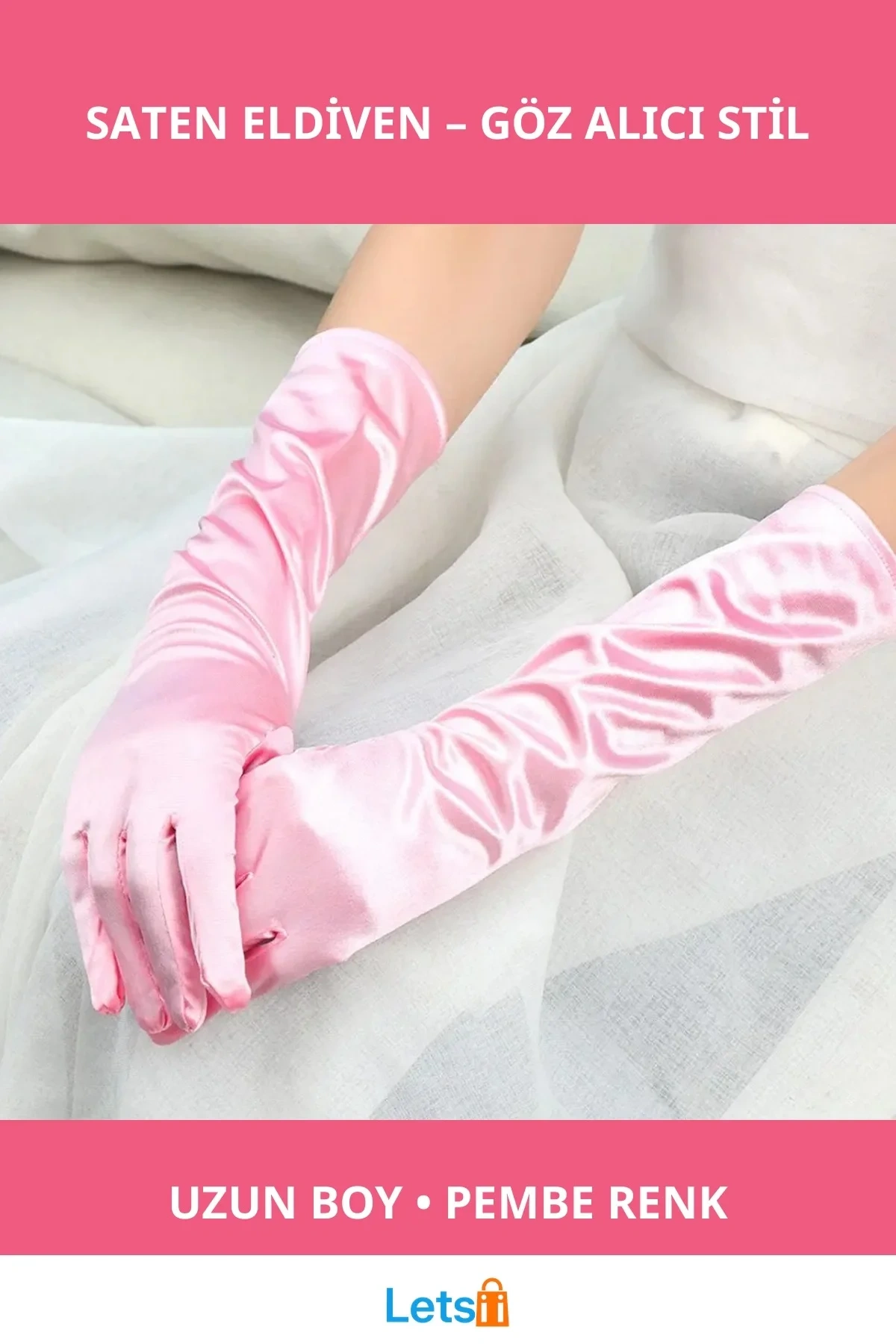 Uzun Boy Ekstra Parlak Pembe Saten Eldiven