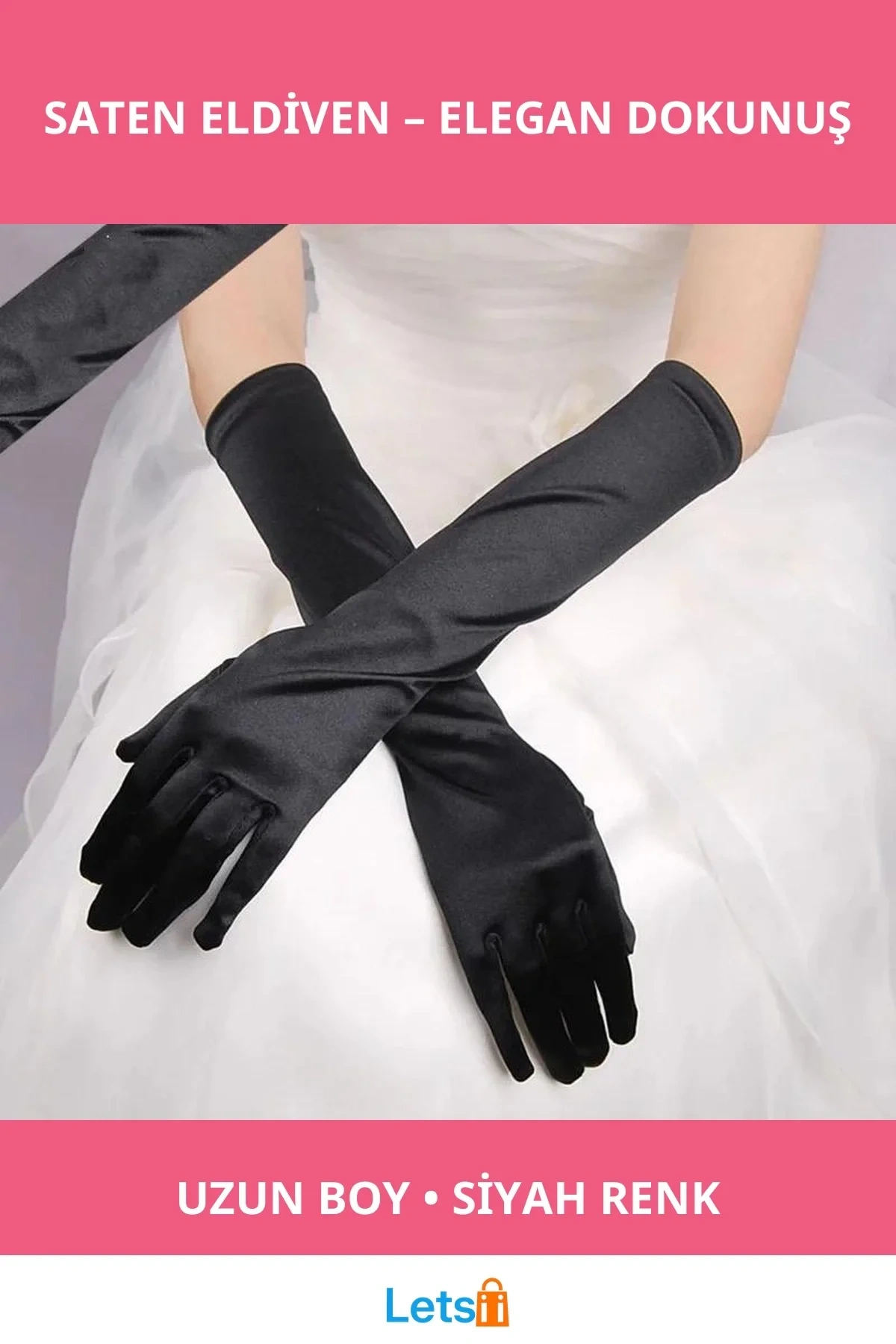 Uzun Boy Ekstra Parlak Saten Eldiven Siyah Renk