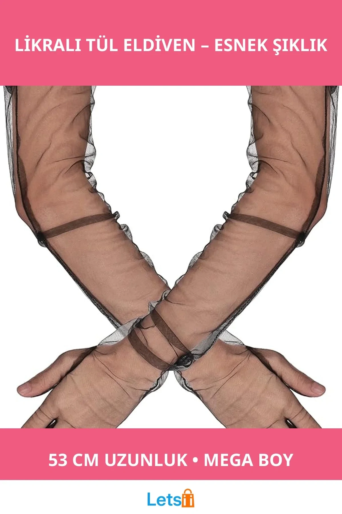 Uzun Boy Likralı Siyah Mega Tül Eldiven 53 cm