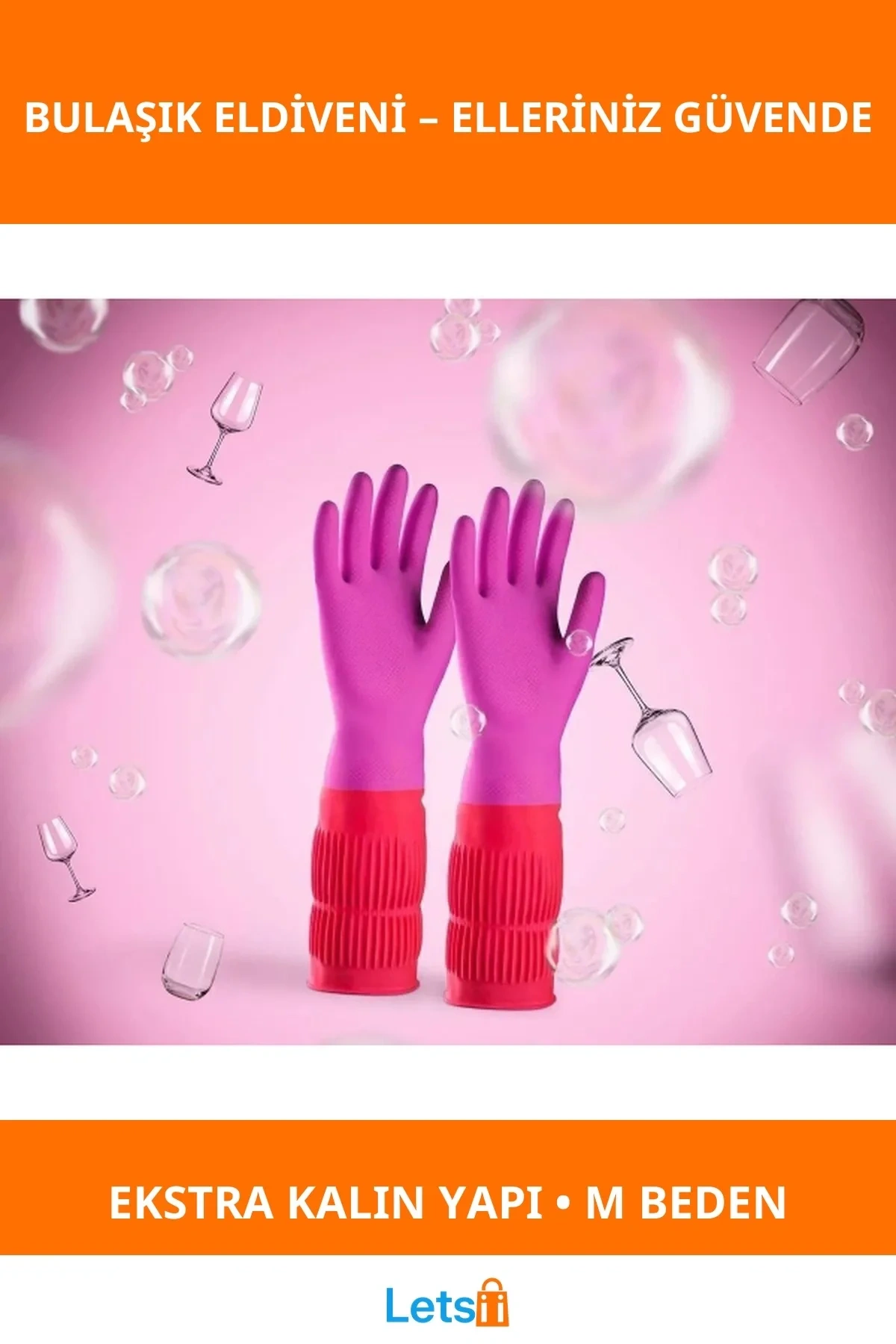 Uzun Konç Su Geçirmez Bulaşık Eldiveni M Beden Pembe Turuncu