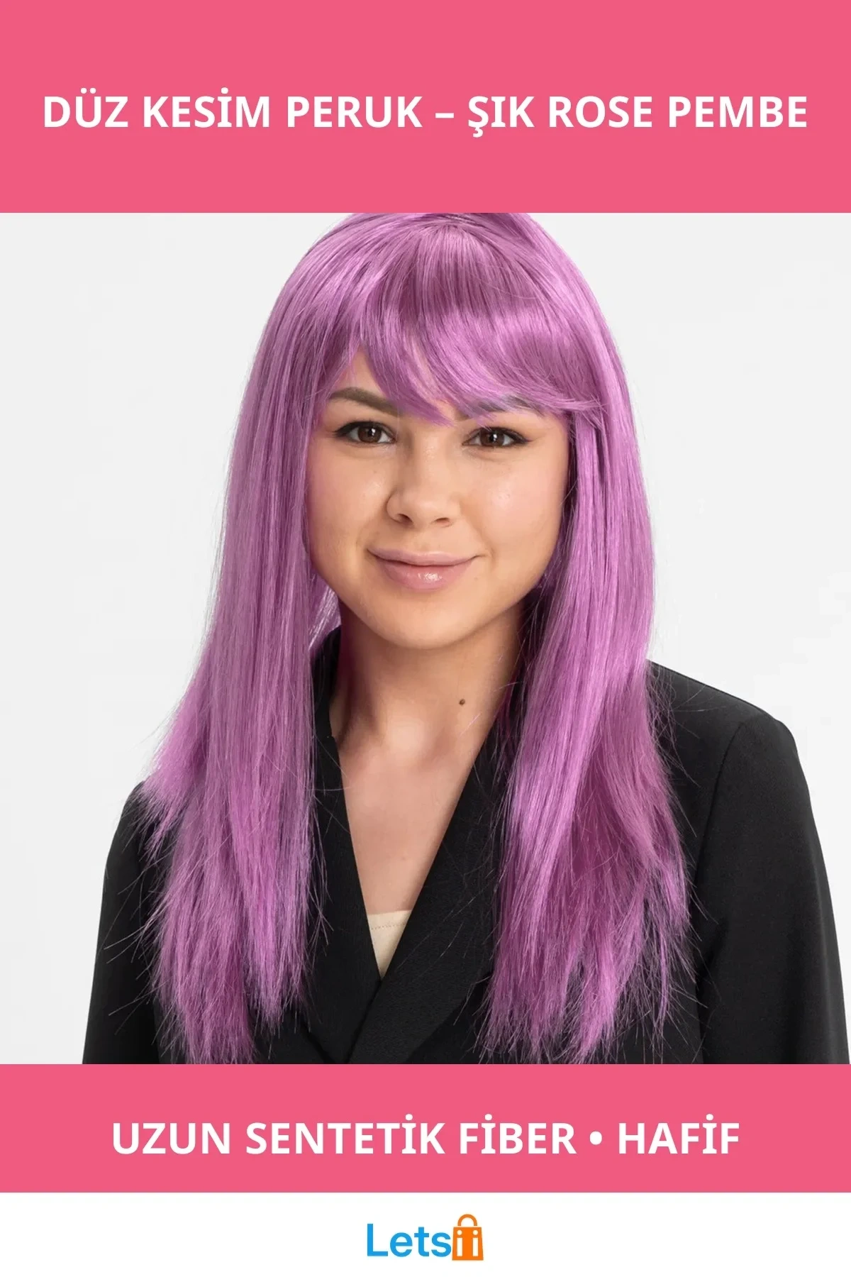 Uzun Rose Pembe Düz Kesim Sentetik Peruk Günlük ve Özel Etkinlikler İçin