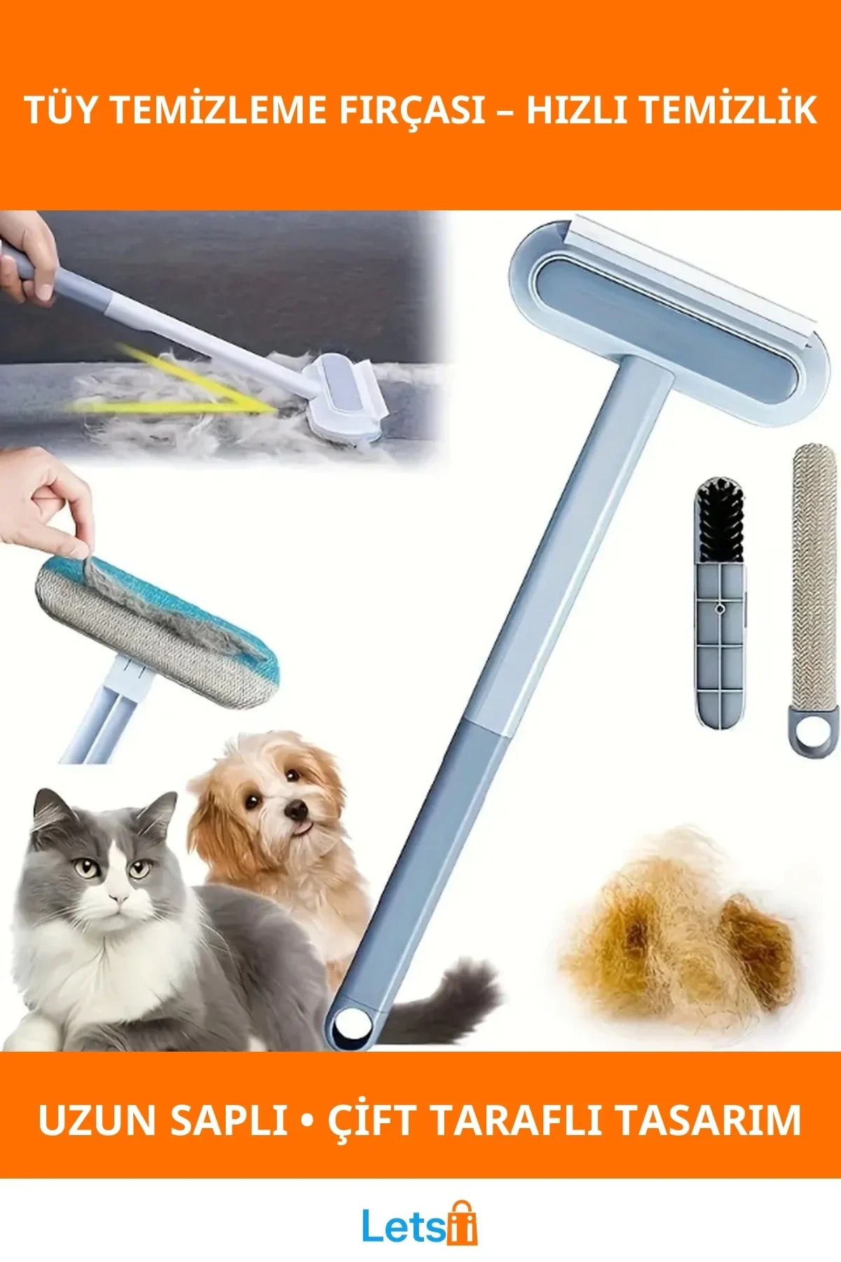 Uzun Saplı Ergonomik Evcil Hayvan Tüy Temizleme Fırçası Çift Taraflı Mikrofiber