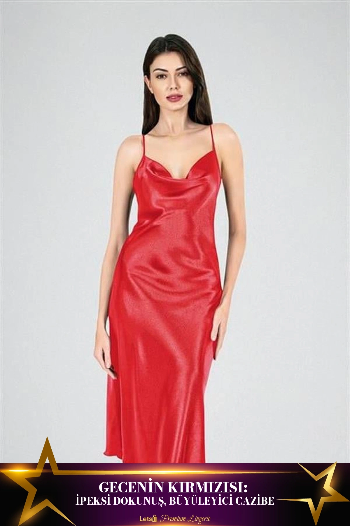 Uzun Saten Degaje Gecelik Kırmızı Renk