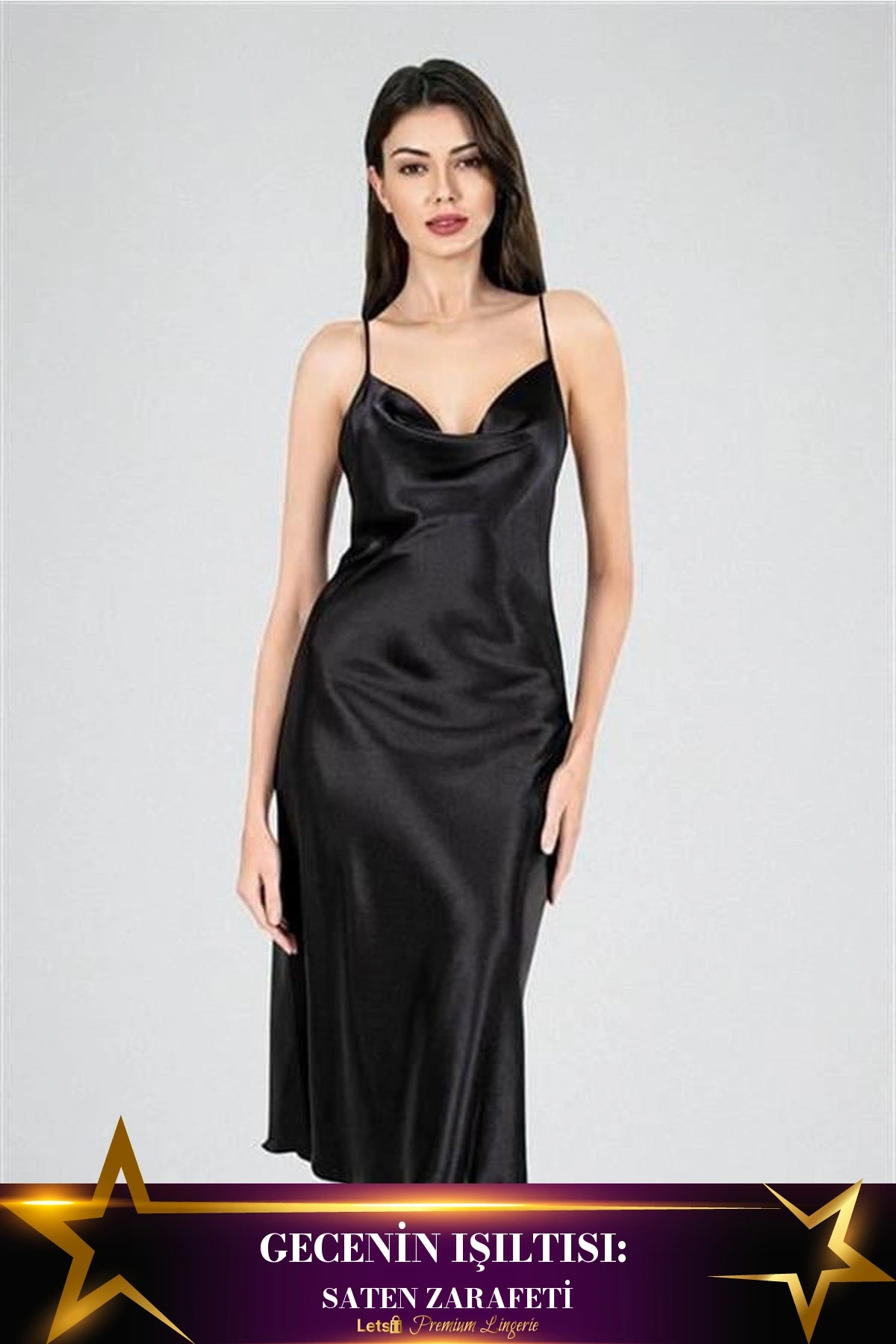 Uzun Saten Degaje Gecelik Siyah Renk