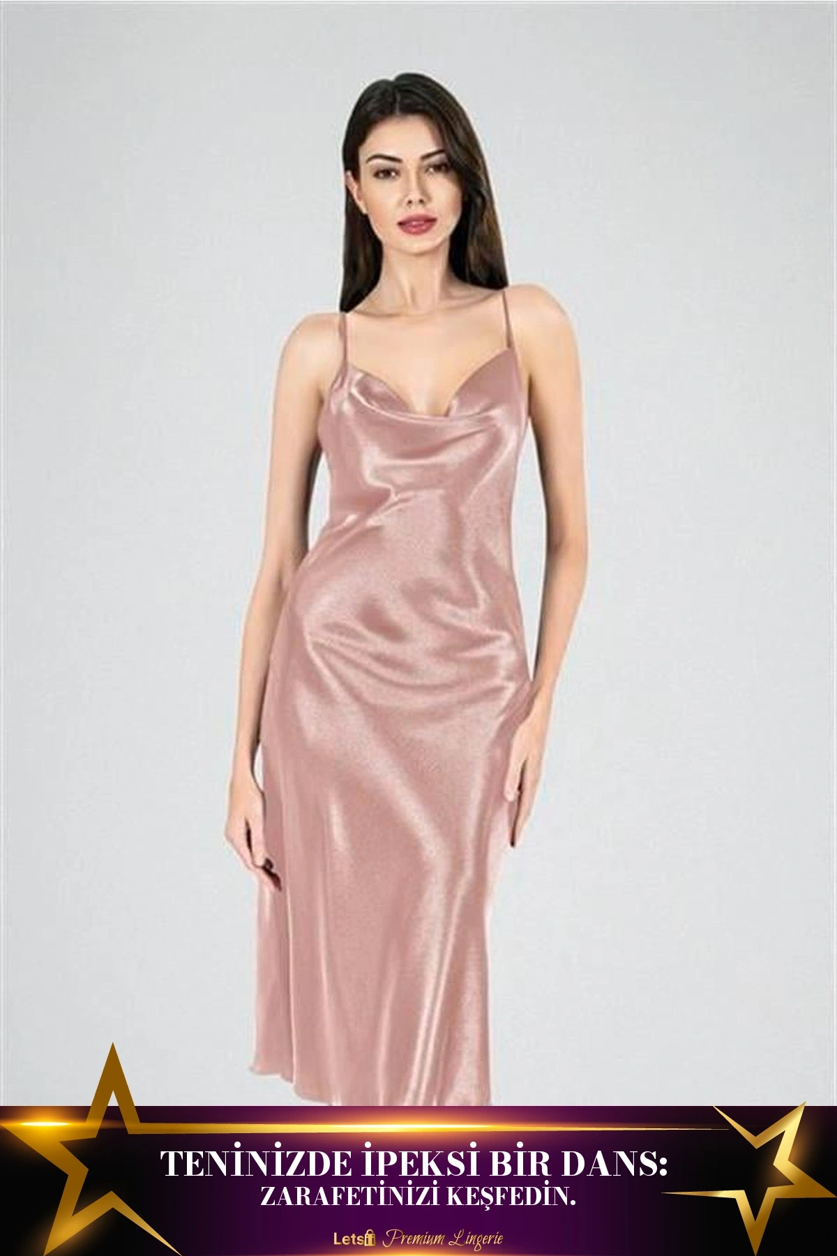 Uzun Saten Degaje Gecelik Vizon Renk