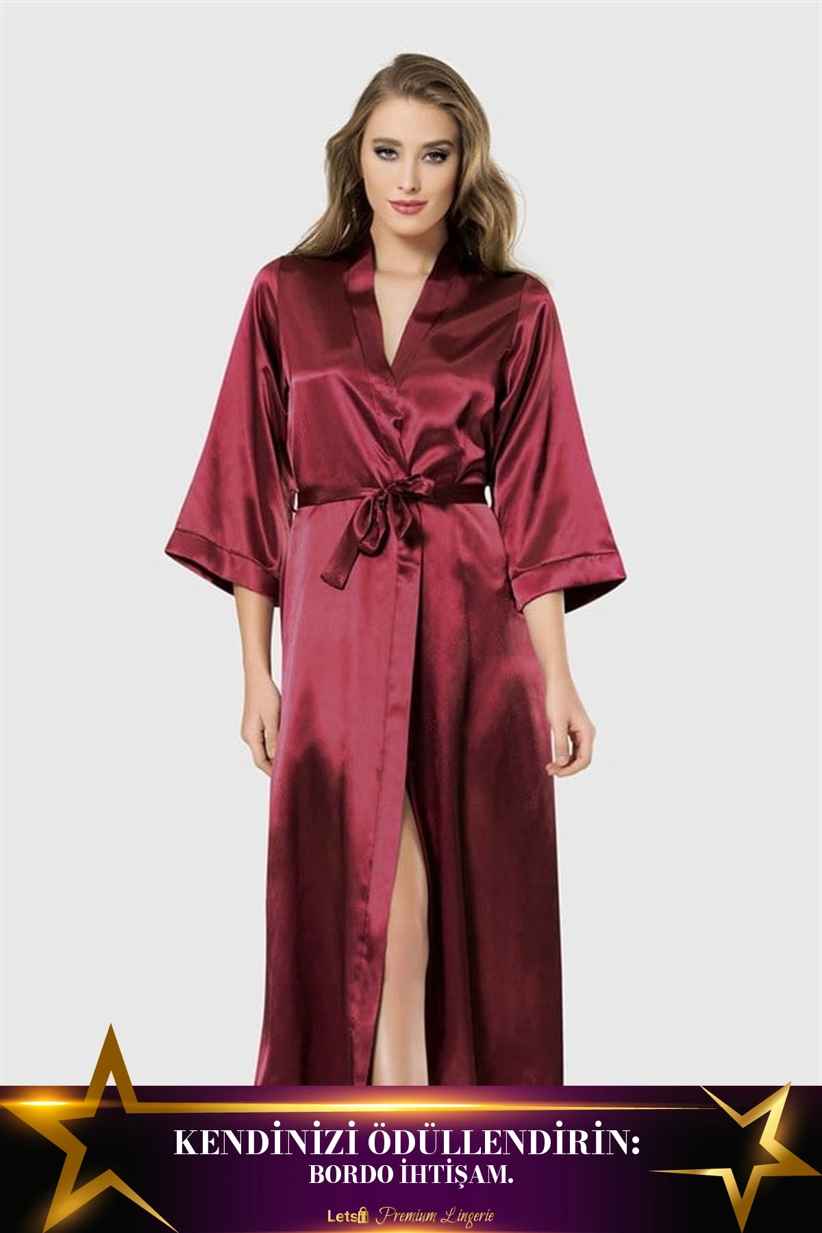 Uzun Saten Sabahlık Bordo Renk