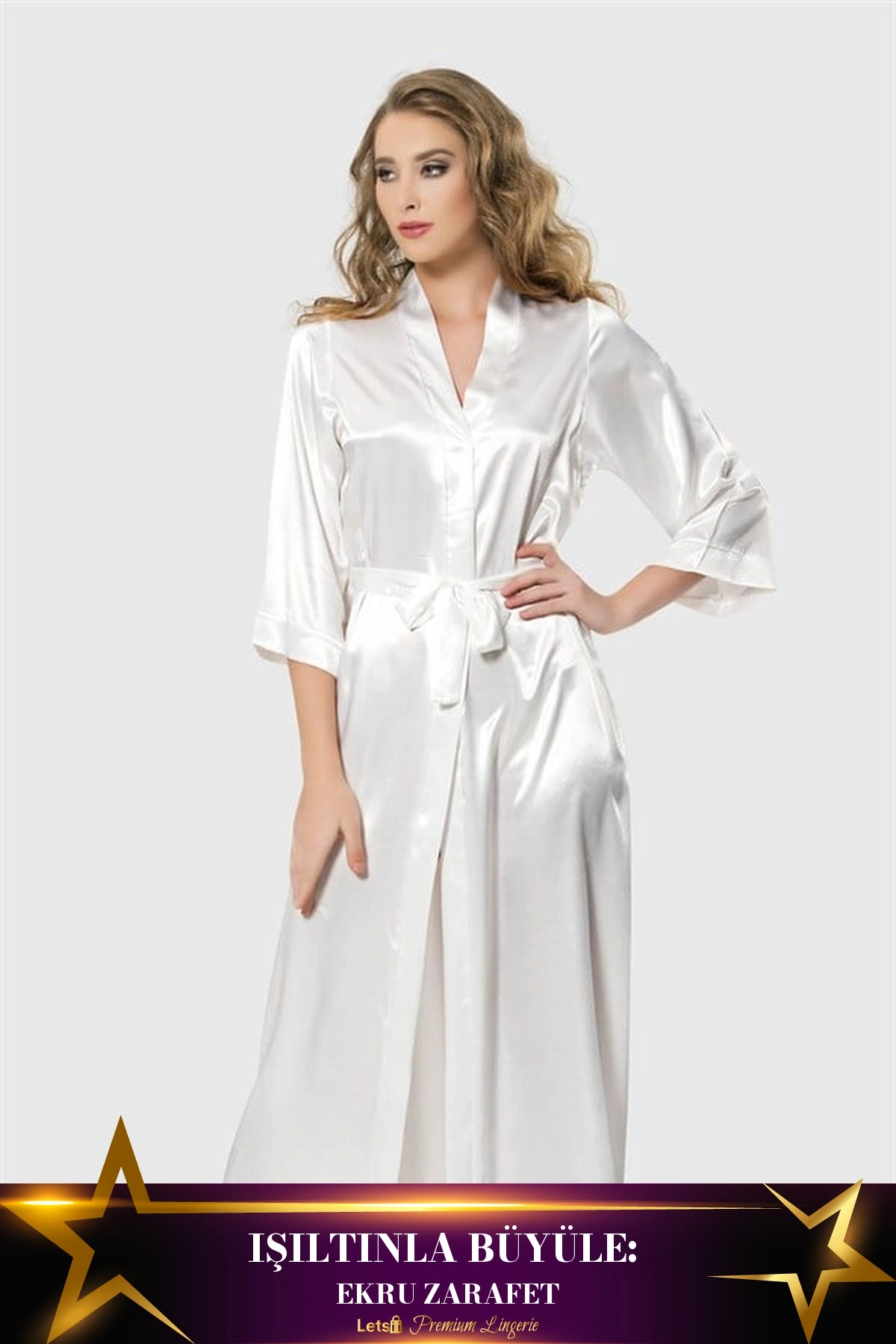 Uzun Saten Sabahlık Ekru Renk