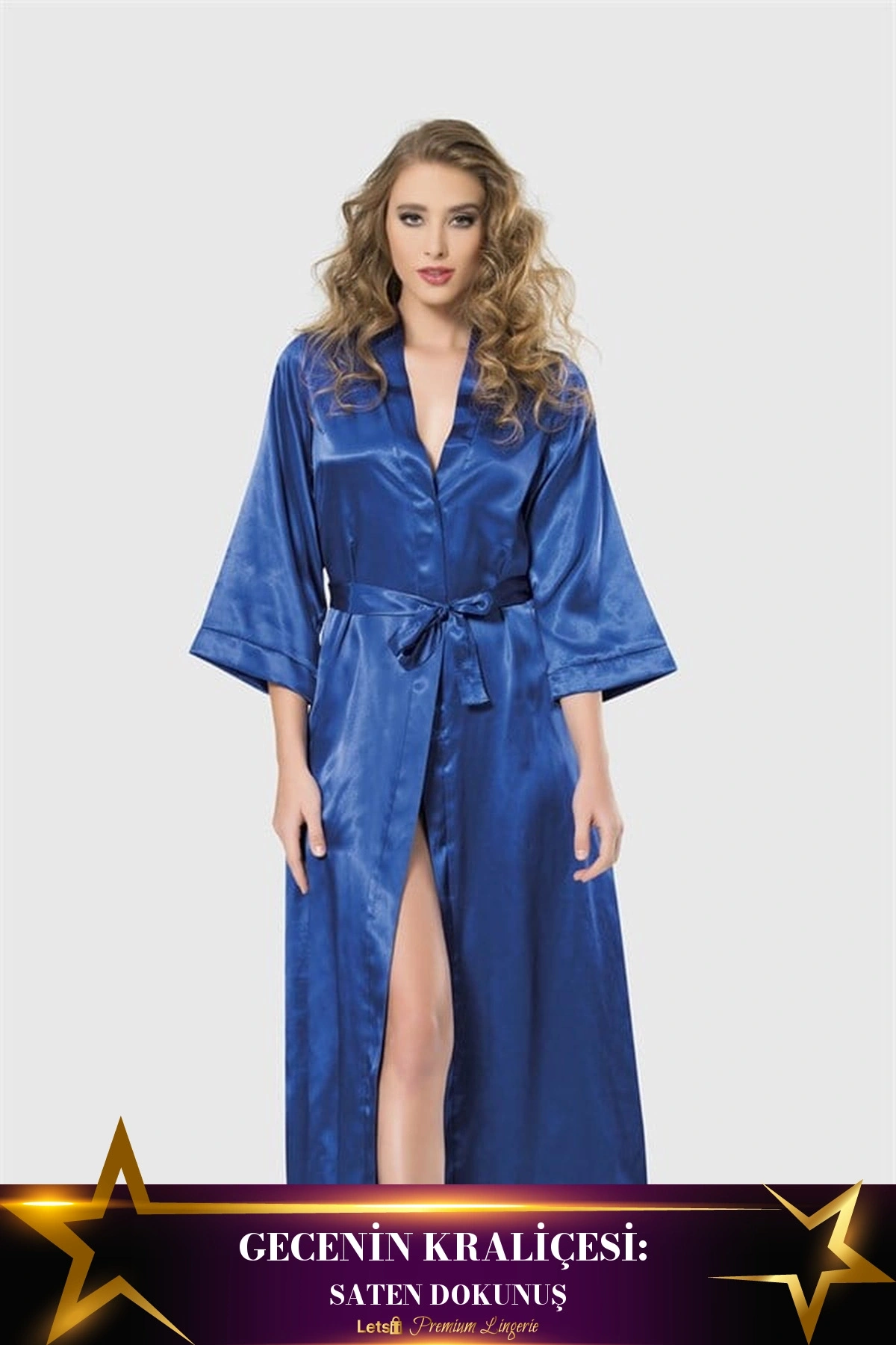 Uzun Saten Sabahlık Saks Mavisi Renk