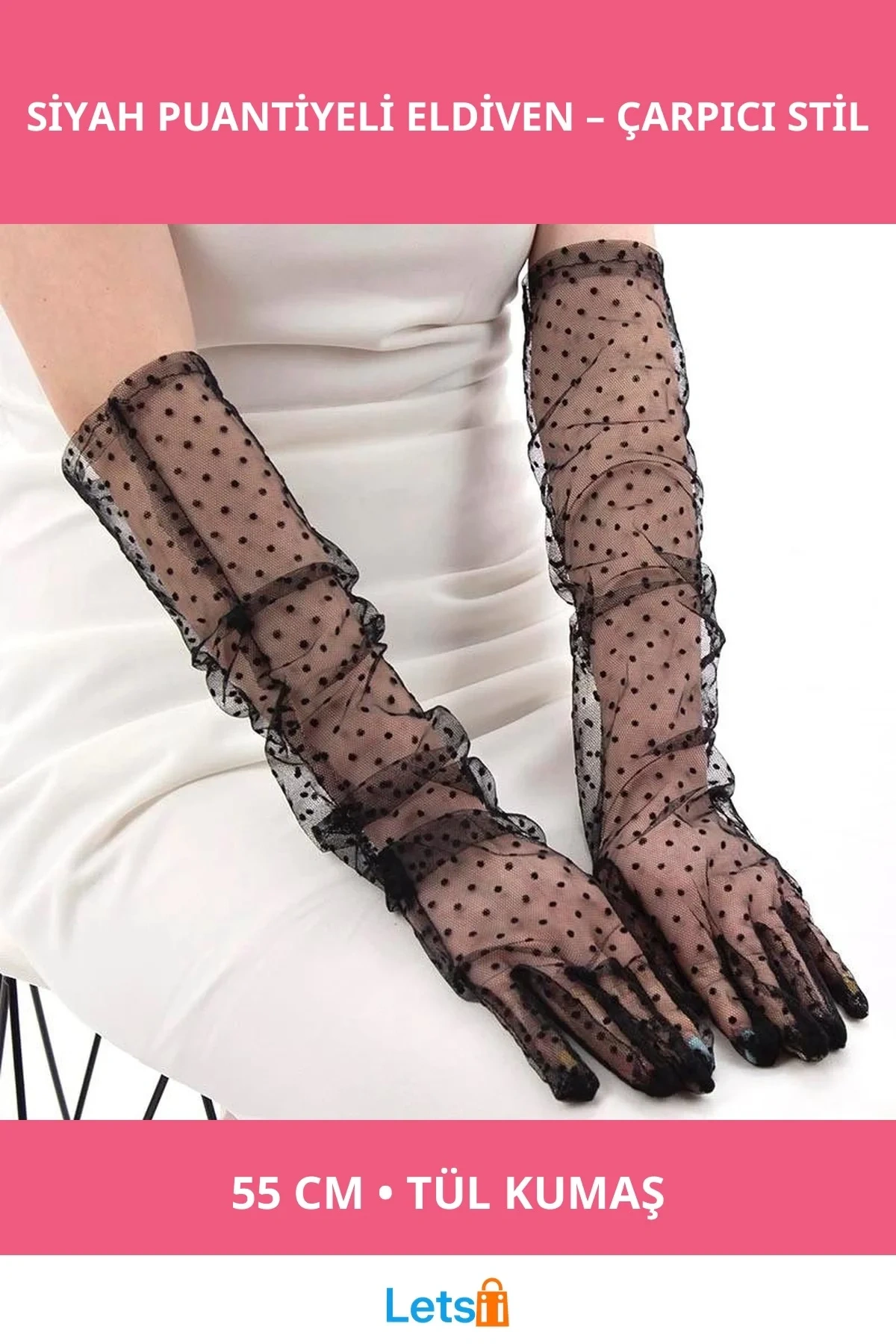 Uzun Siyah Puantiyeli Yetişkin Tül Eldiven