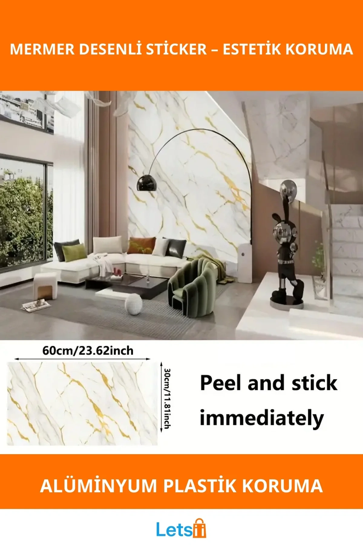 Vinil Beyaz Mermer Desenli Su Geçirmez Alüminyum Plastik Duvar Sticker