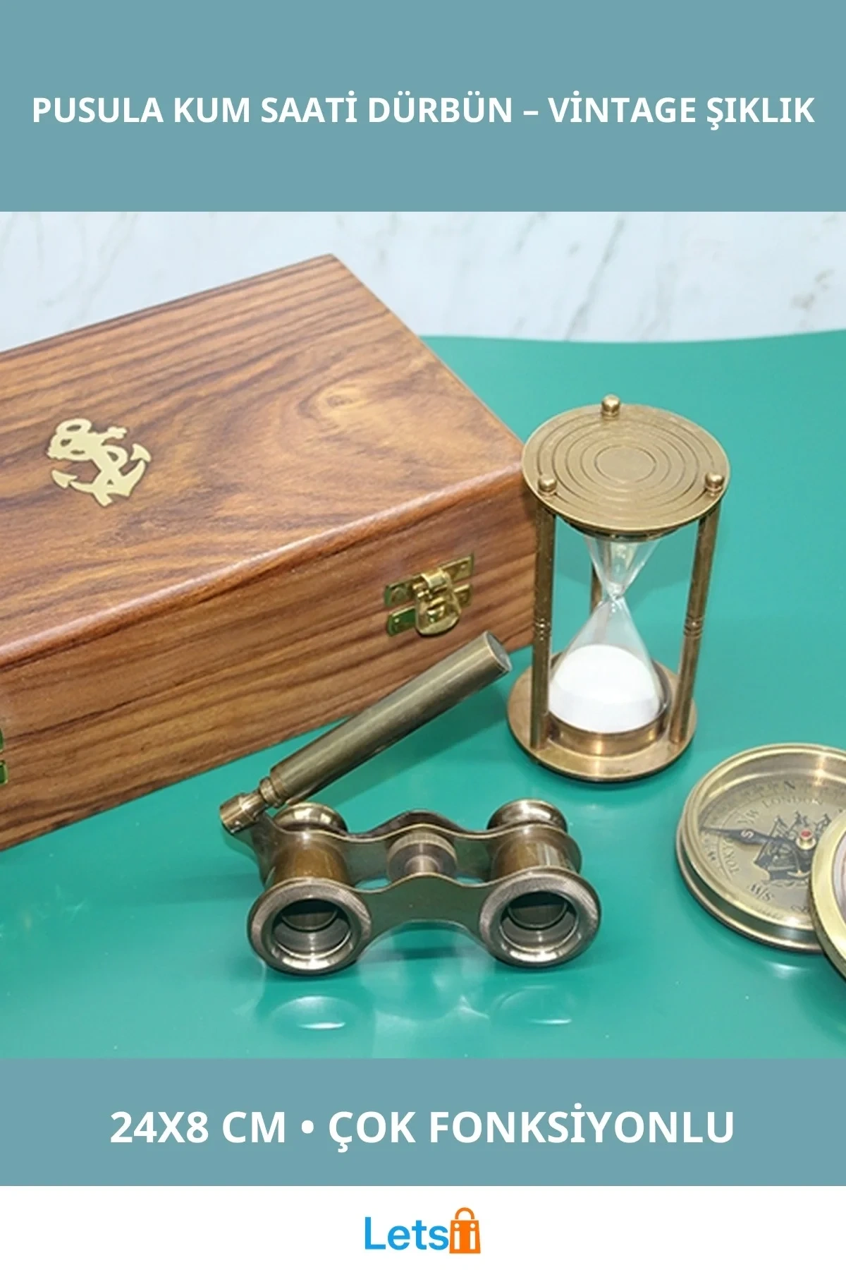 Vintage Ahşap Kutulu Pirinç Pusula, Kum Saati ve Dürbün Seti
