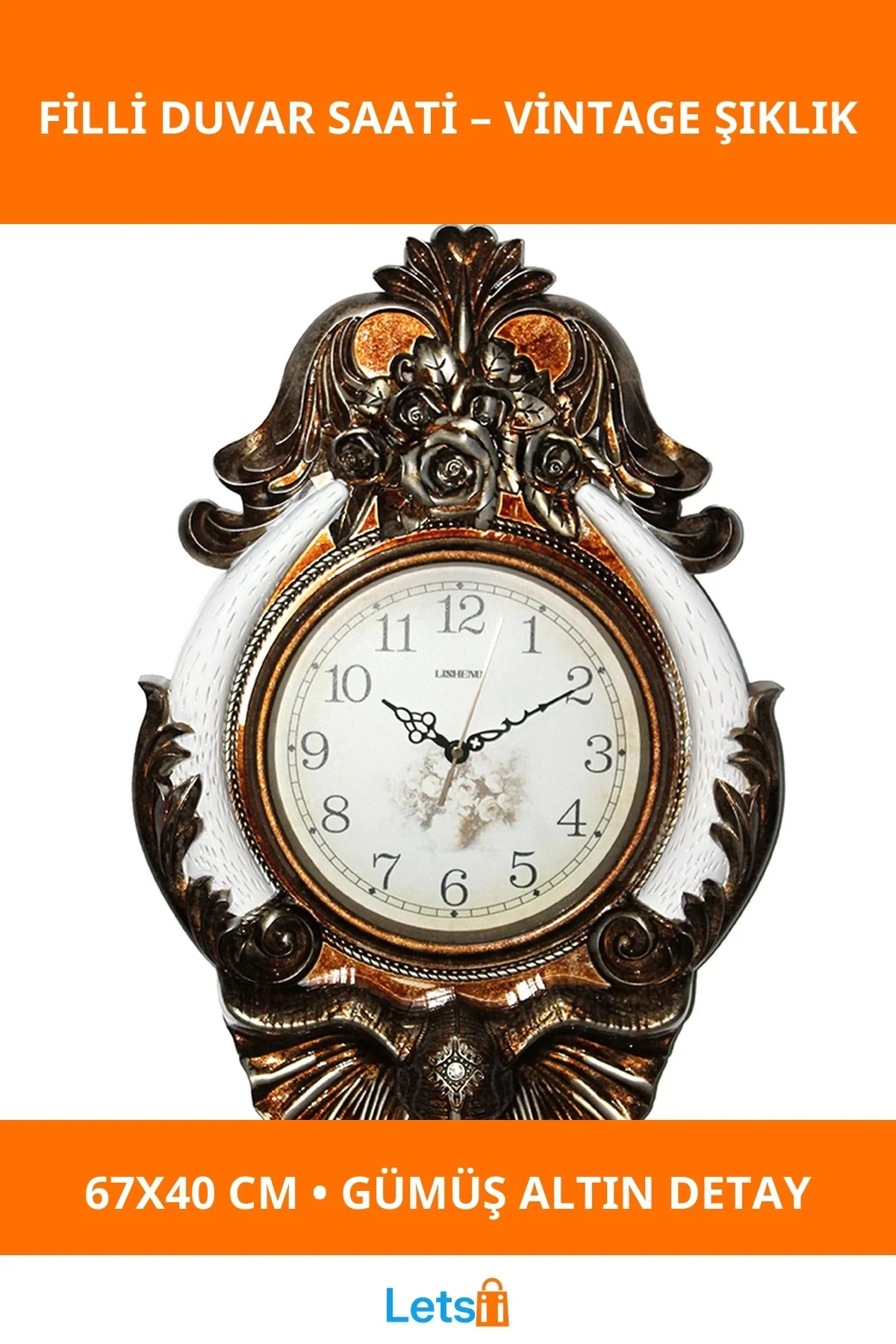 Vintage Filli Duvar Saati Zarif Gümüş Altın Çerçeve 67x40 cm