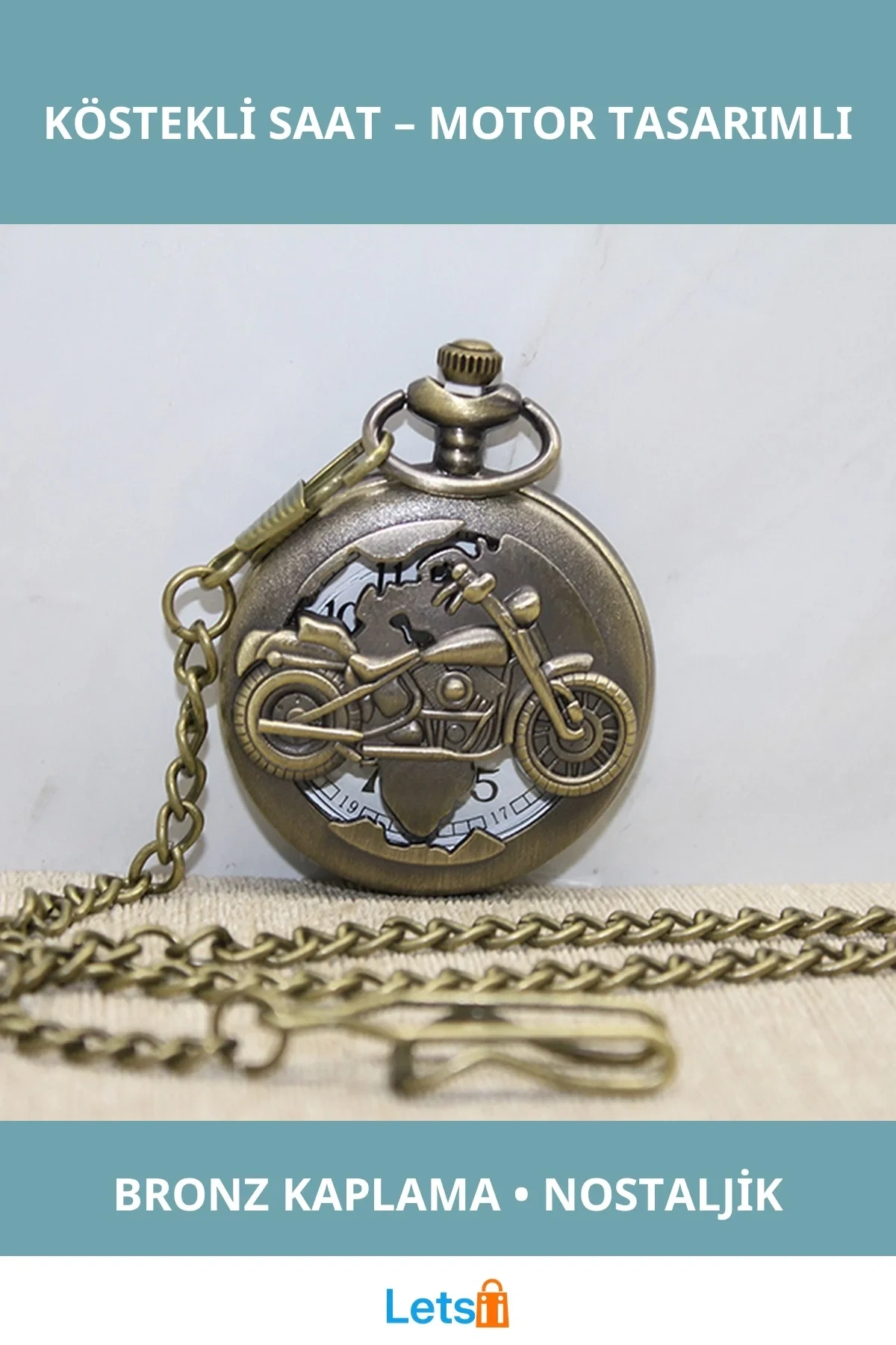 Vintage Motor Tasarımlı Bronz Kaplama Köstekli Saat