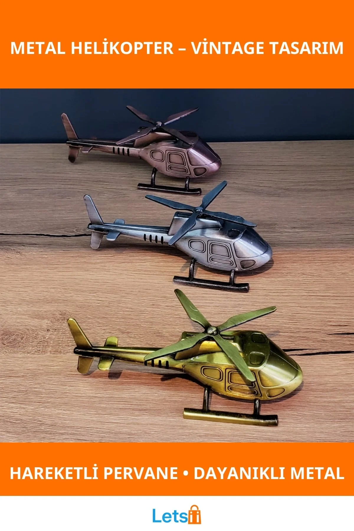Vintage Tasarımlı Dekoratif Metal Helikopter Gümüş, Bakır, Gold