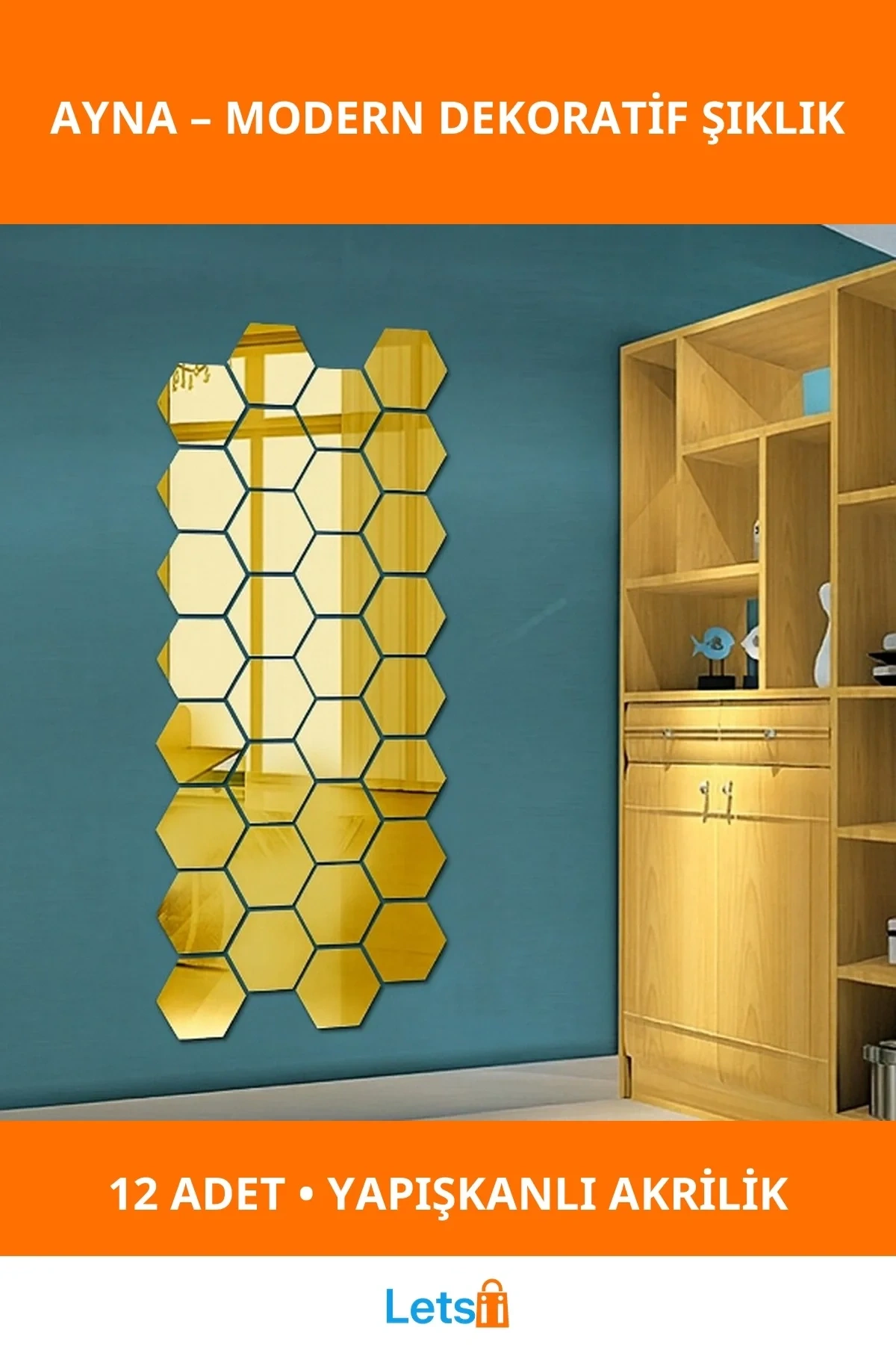 Yapışkanlı Akrilik Gold Altıgen Ayna 12 Adet Dekoratif