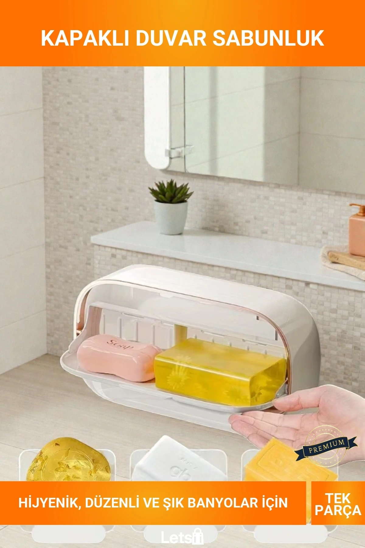 Yapışkanlı Duvara Monte Kapaklı Drenaj Bölmeli Çift Hazneli Hijyenik Katı Sabunluk