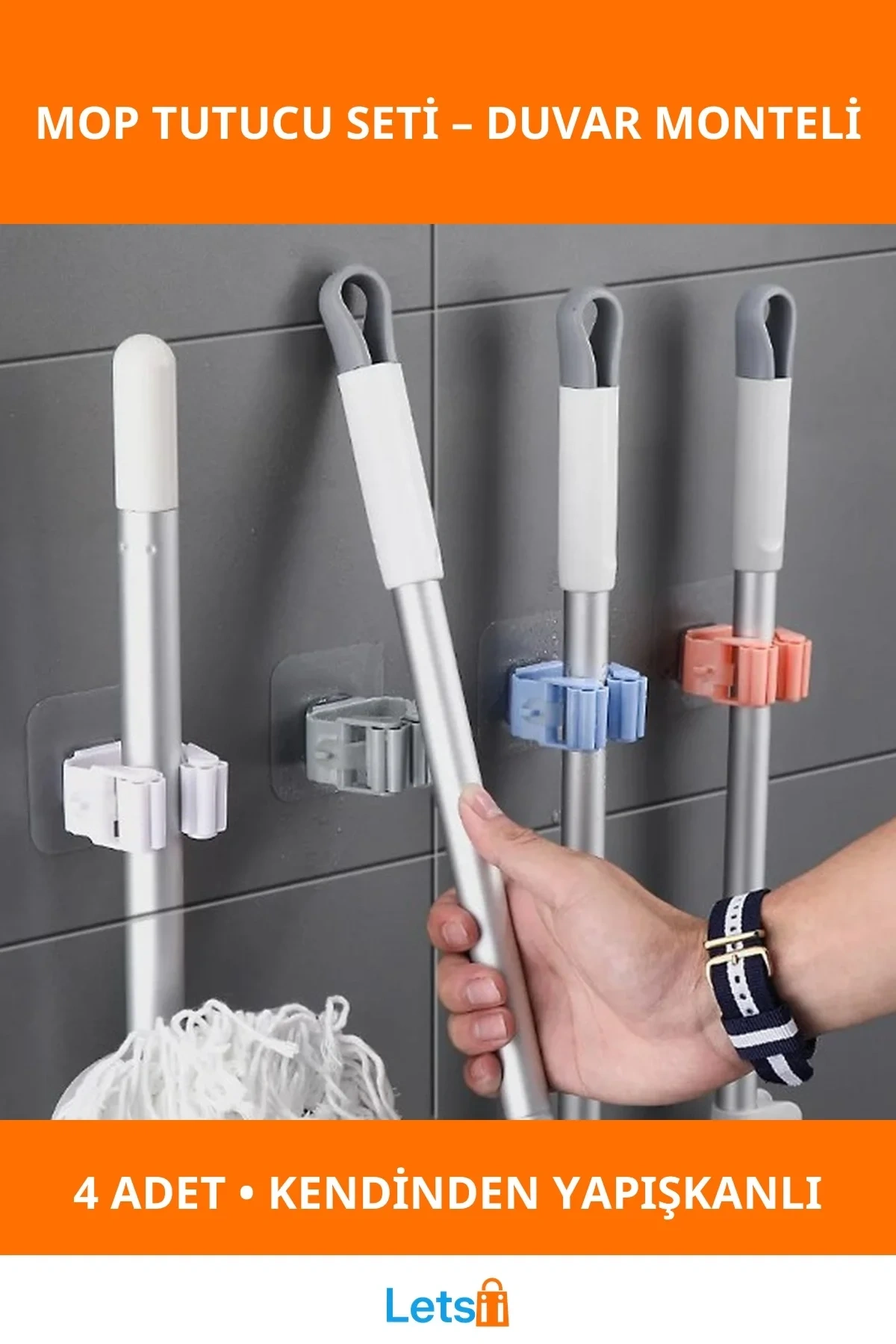 Yapışkanlı Gri Renk Mop Tutucu 4 Adet Pratik Duvar Askısı