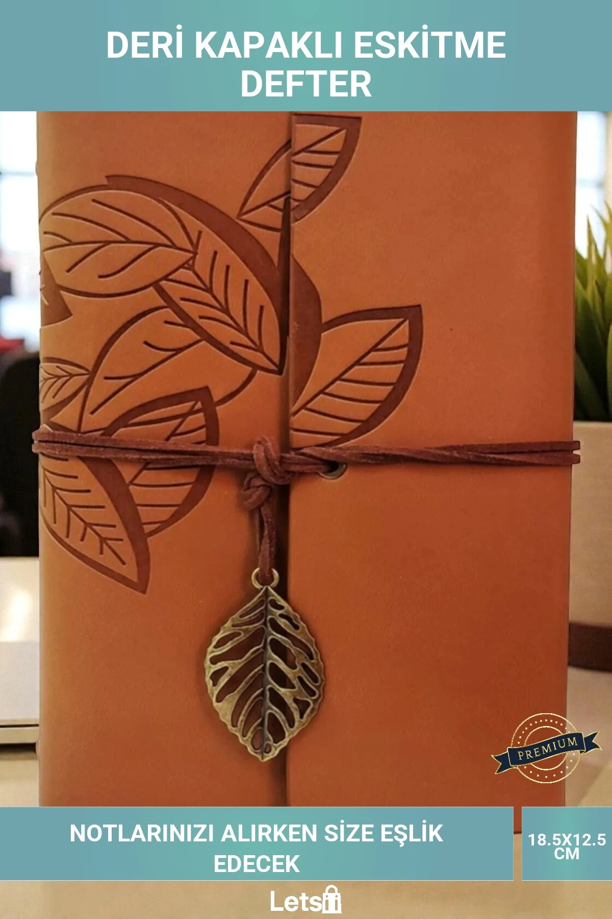 Yaprak Desenli Deri Kapaklı Eskitme Görünümlü Not Defteri
