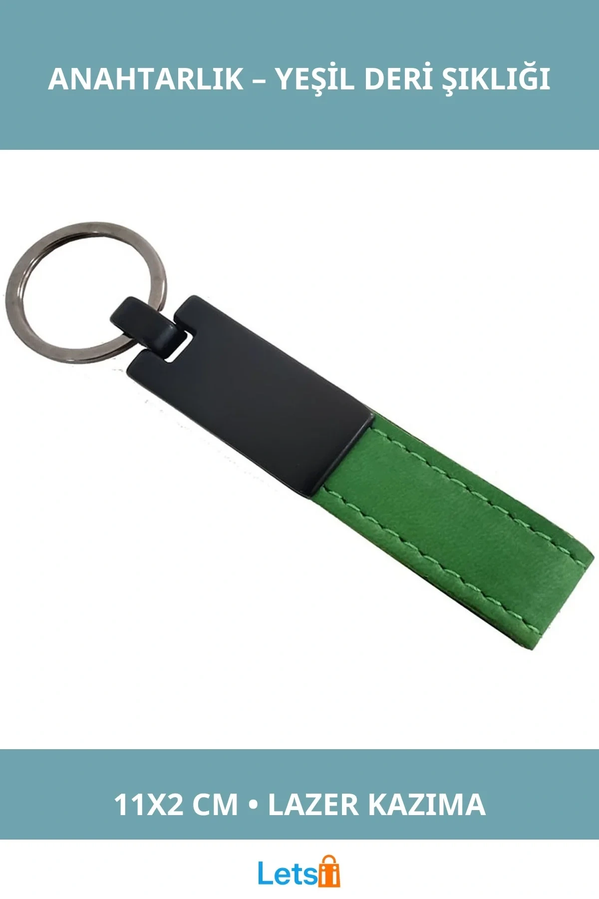 Yeşil Deri Metal Anahtarlık Kişisel İsim Yazılabilir