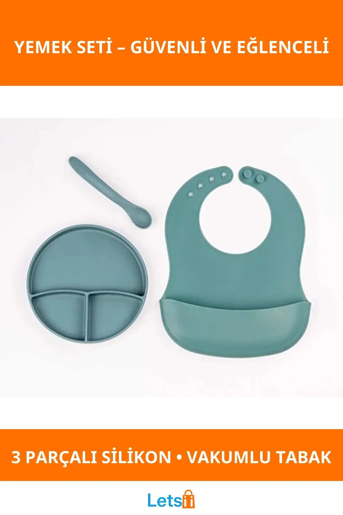 Yeşil Kaymaz Vakumlu 3 Bölmeli Silikon Tabak Diş Kaşıyıcılı Kaşık ve Ayarlanabilir Mama Önlüğü