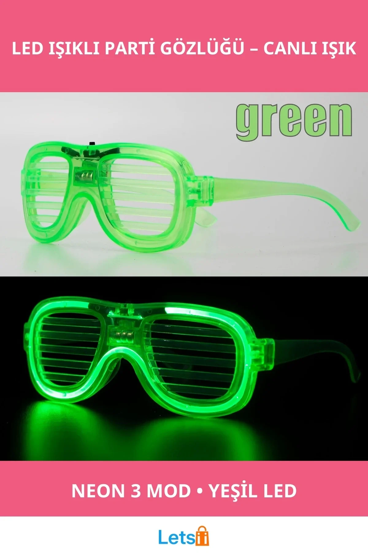 Yeşil Neon LED Işıklı Parti Gözlüğü 3 Modlu Eğlence Aksesuarı