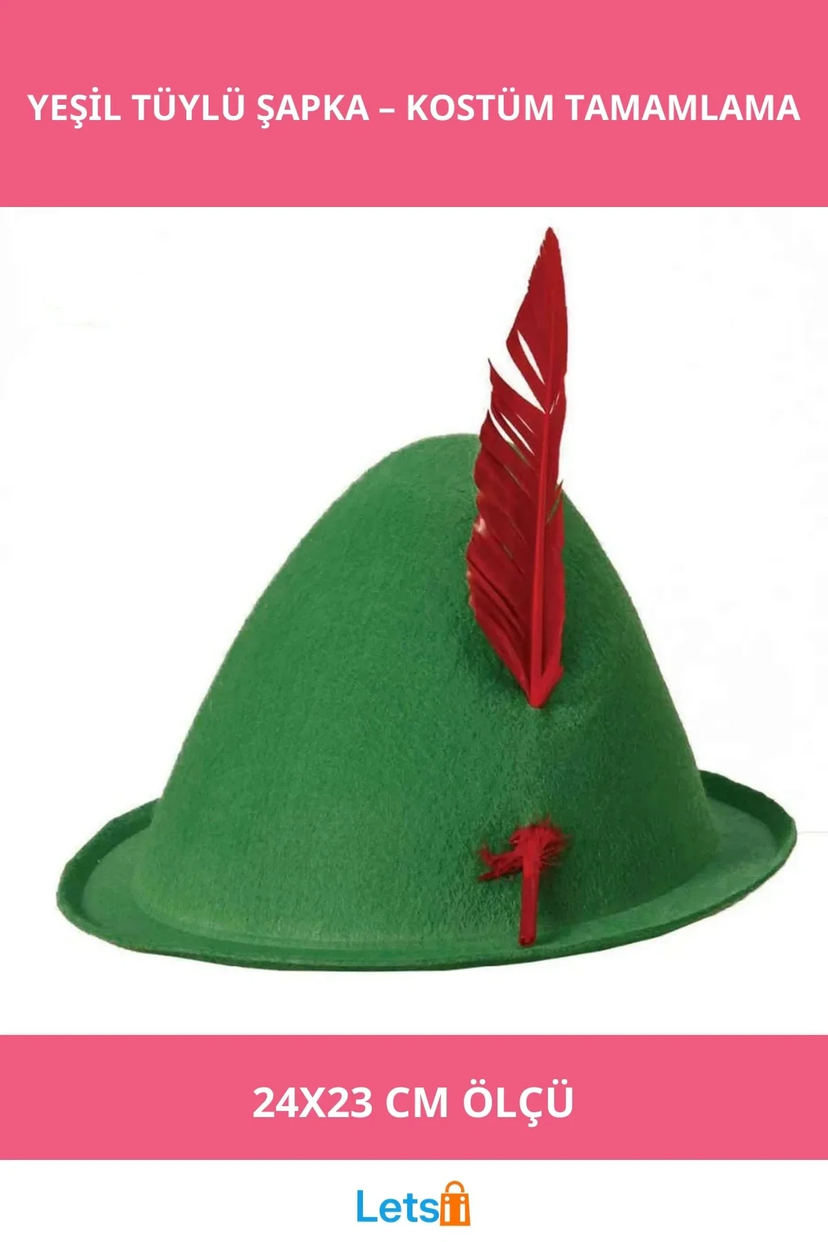 Yeşil Renk Kırmızı Tüylü Peter Pan Şapkası