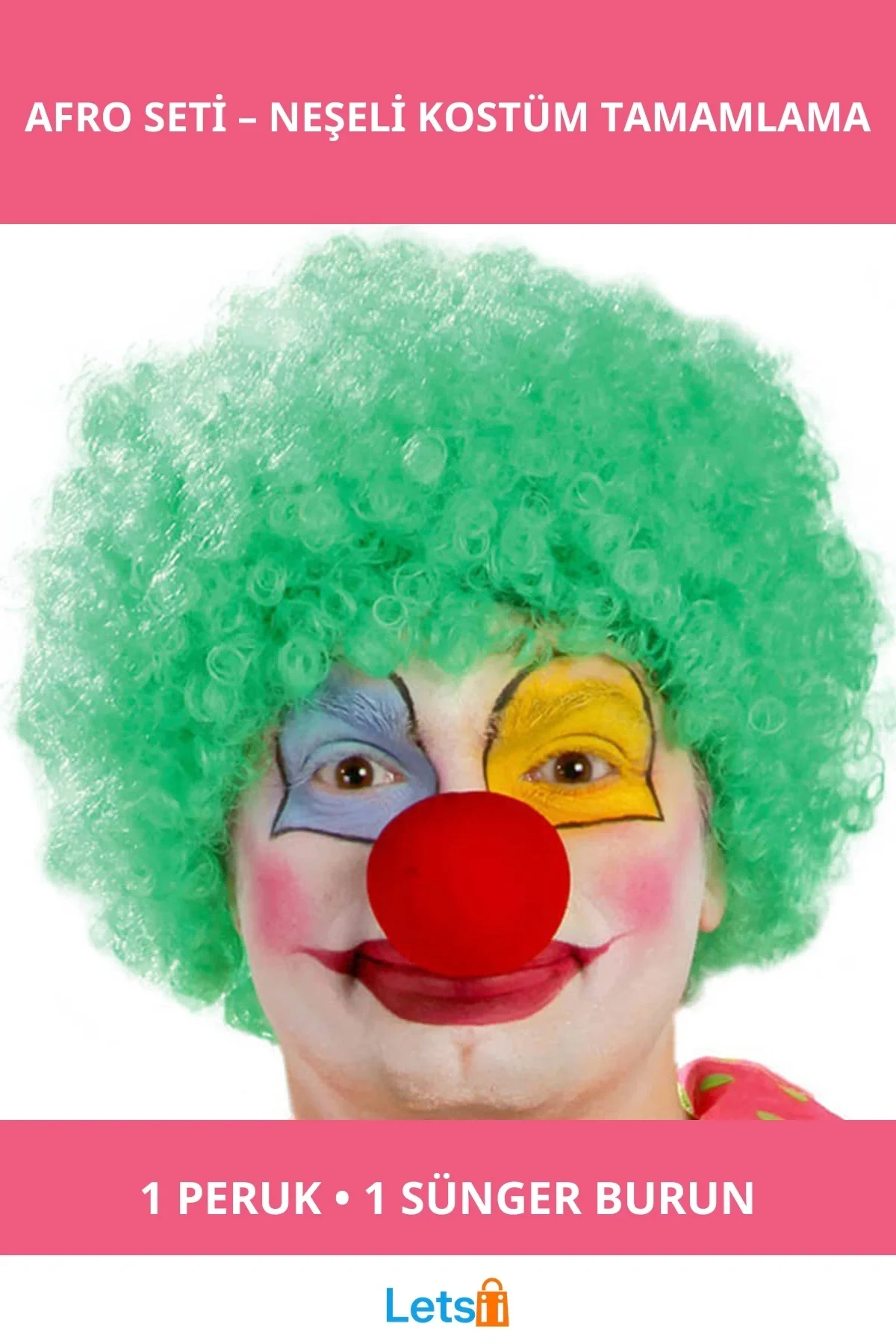 Yeşil Renk Kıvırcık Afro Bonus Peruk ve Burun Seti