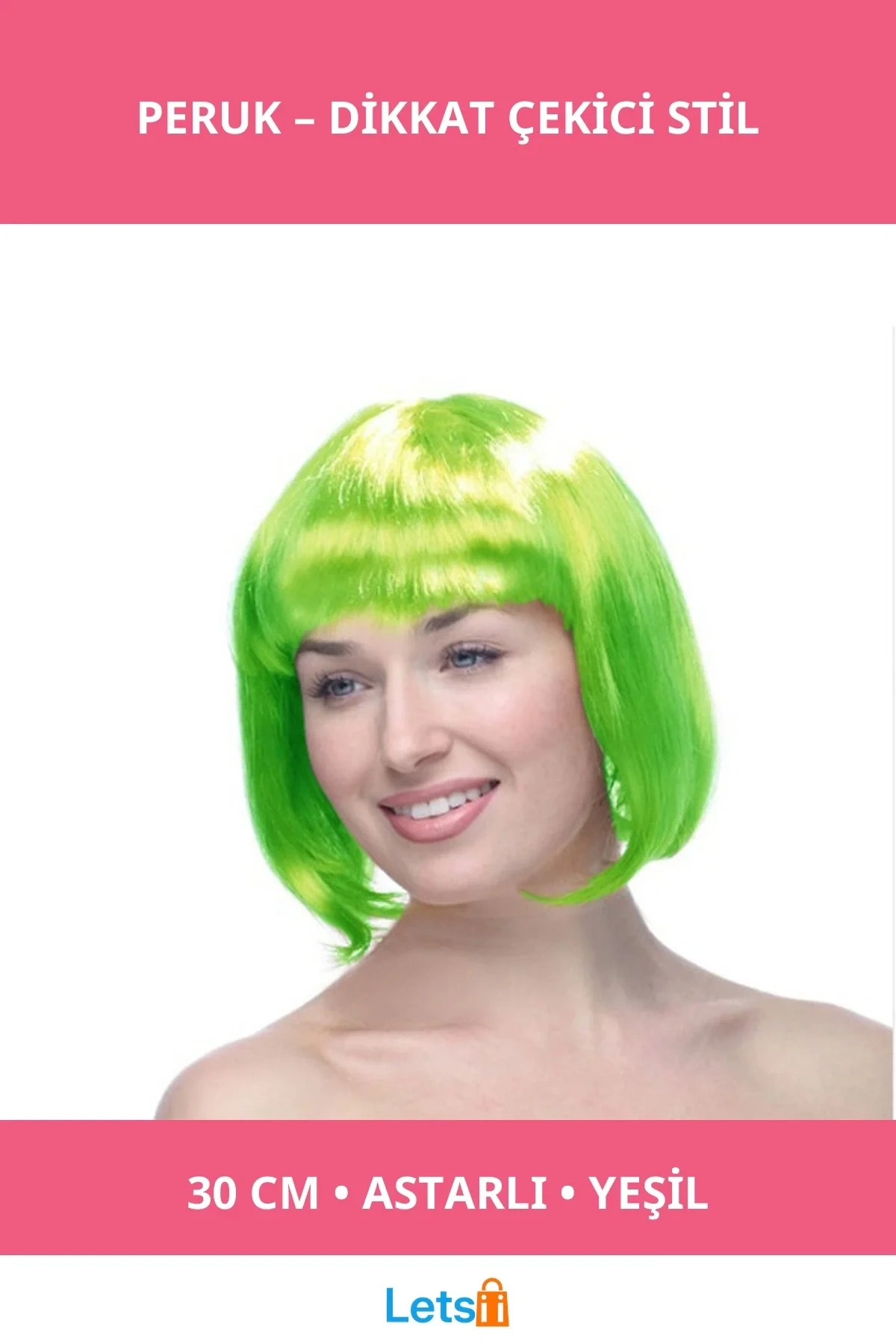 Yeşil Renk Parti Peruk 30 cm Sentetik Saç
