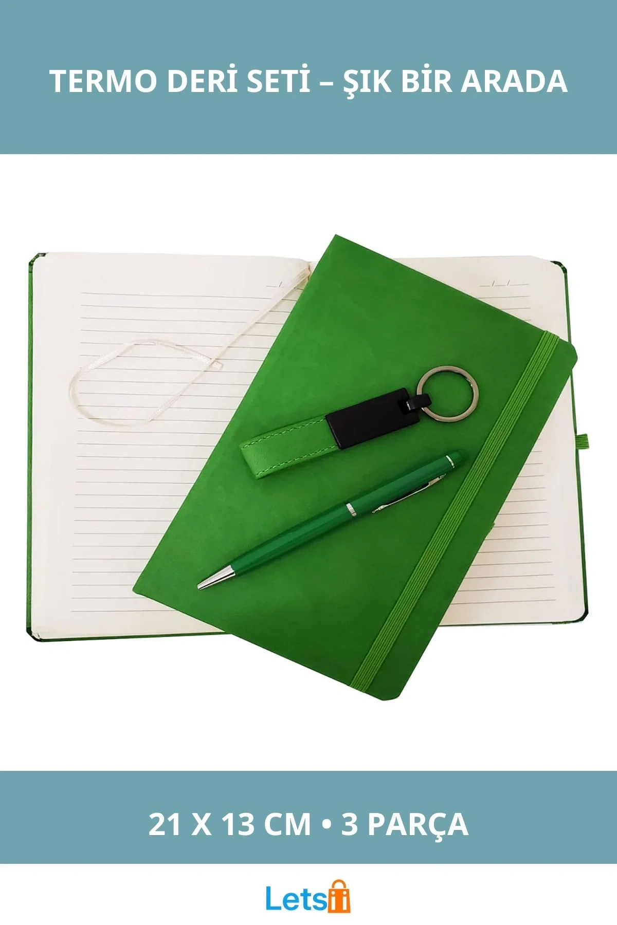 Yeşil Termo Deri Kalemli Defter Anahtarlık Seti 21x13 cm